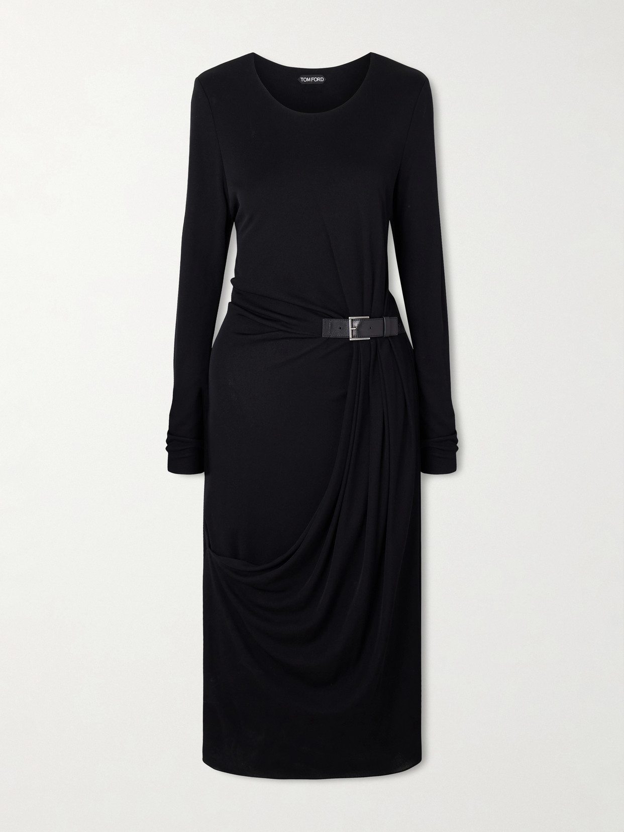 Tom Ford Belted Draped Jersey Midi Dress In Black