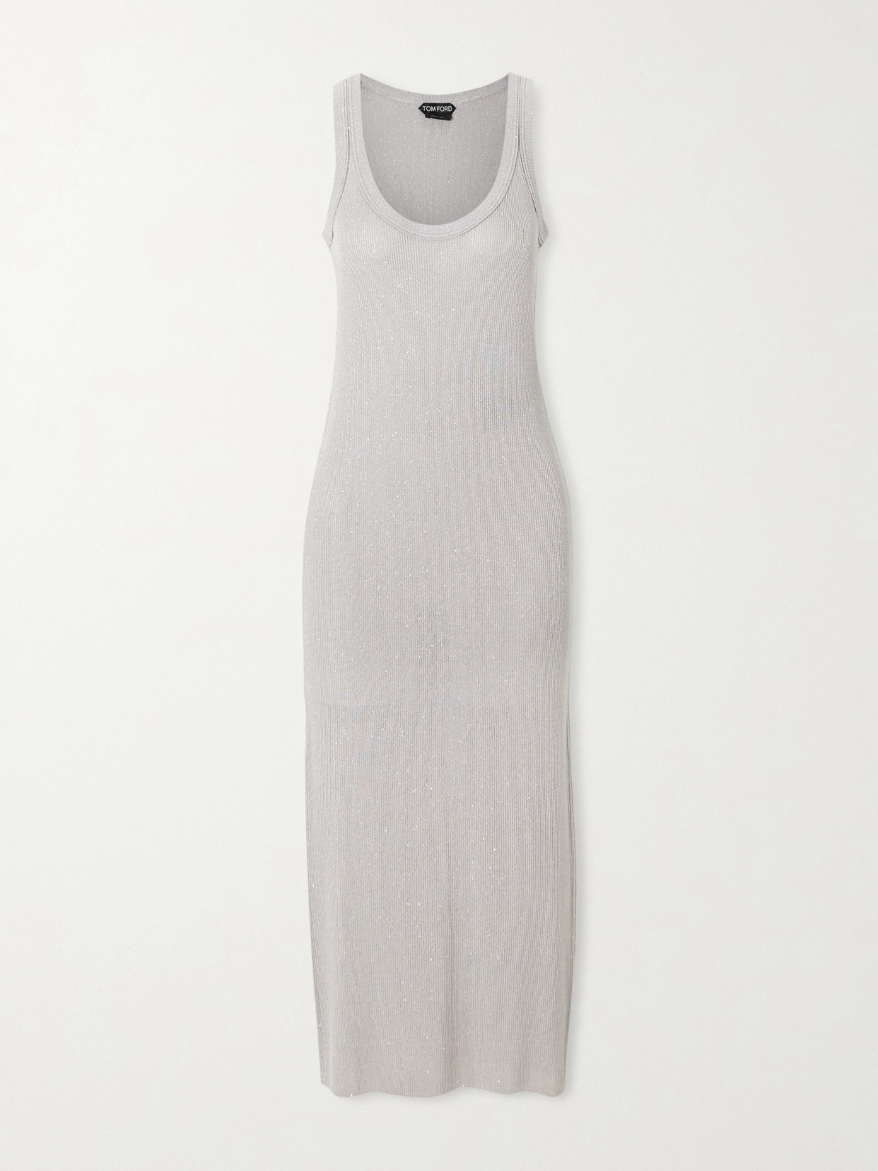 Tom Ford Sequin-embellished Metallic Ribbed-knit Midi Dress In Silver