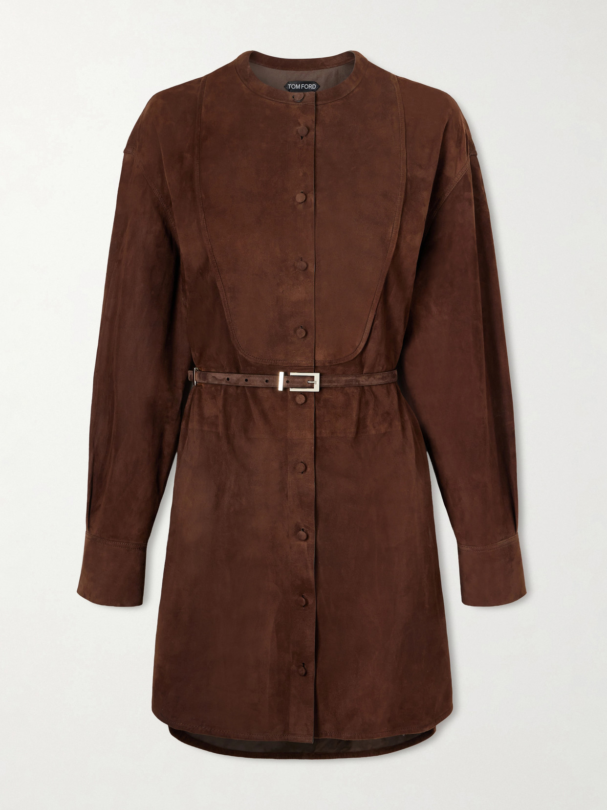 Tom Ford Belted Suede Mini Shirt Dress In Brown