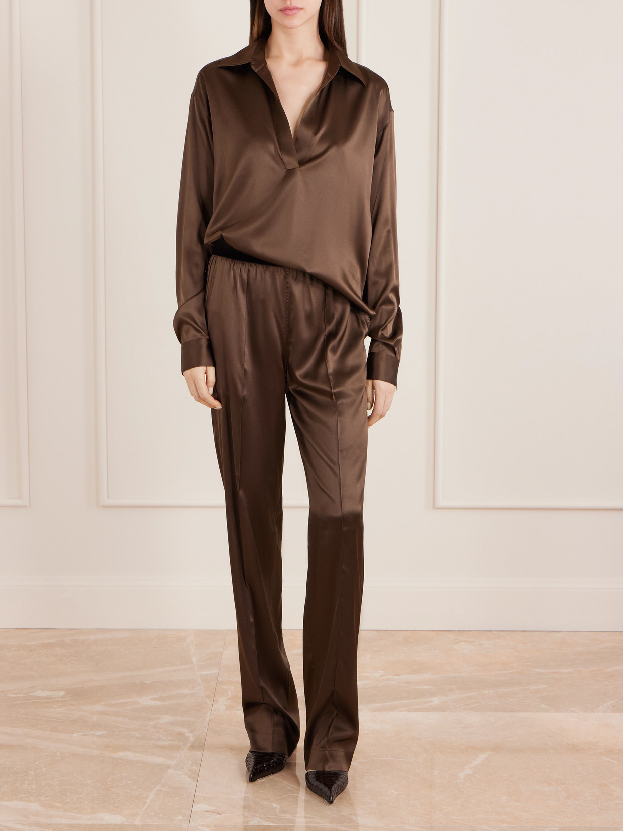 Tom Ford Silk-blend Satin Blouse In Brown