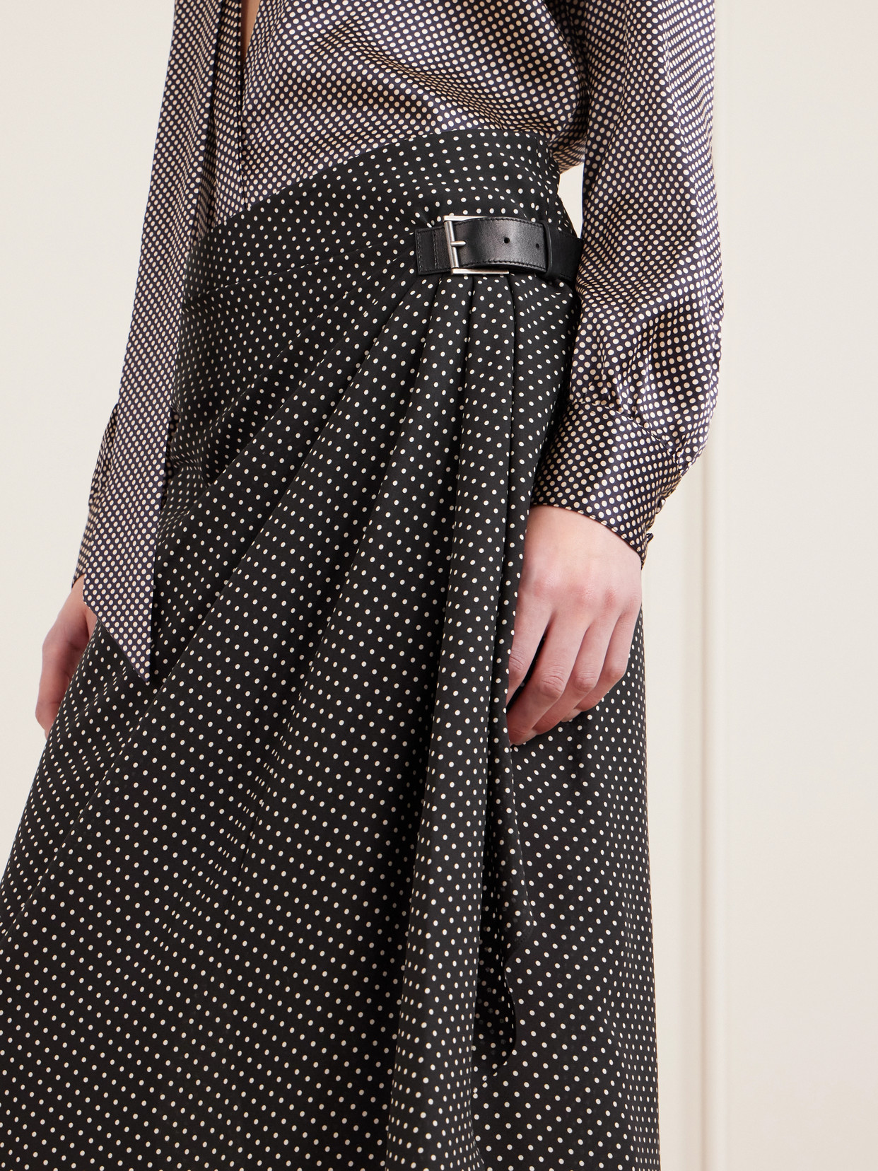Tom Ford Buckle-detailed Wrap-effect Draped Polka-dot Silk-chiffon Midi Skirt In Black
