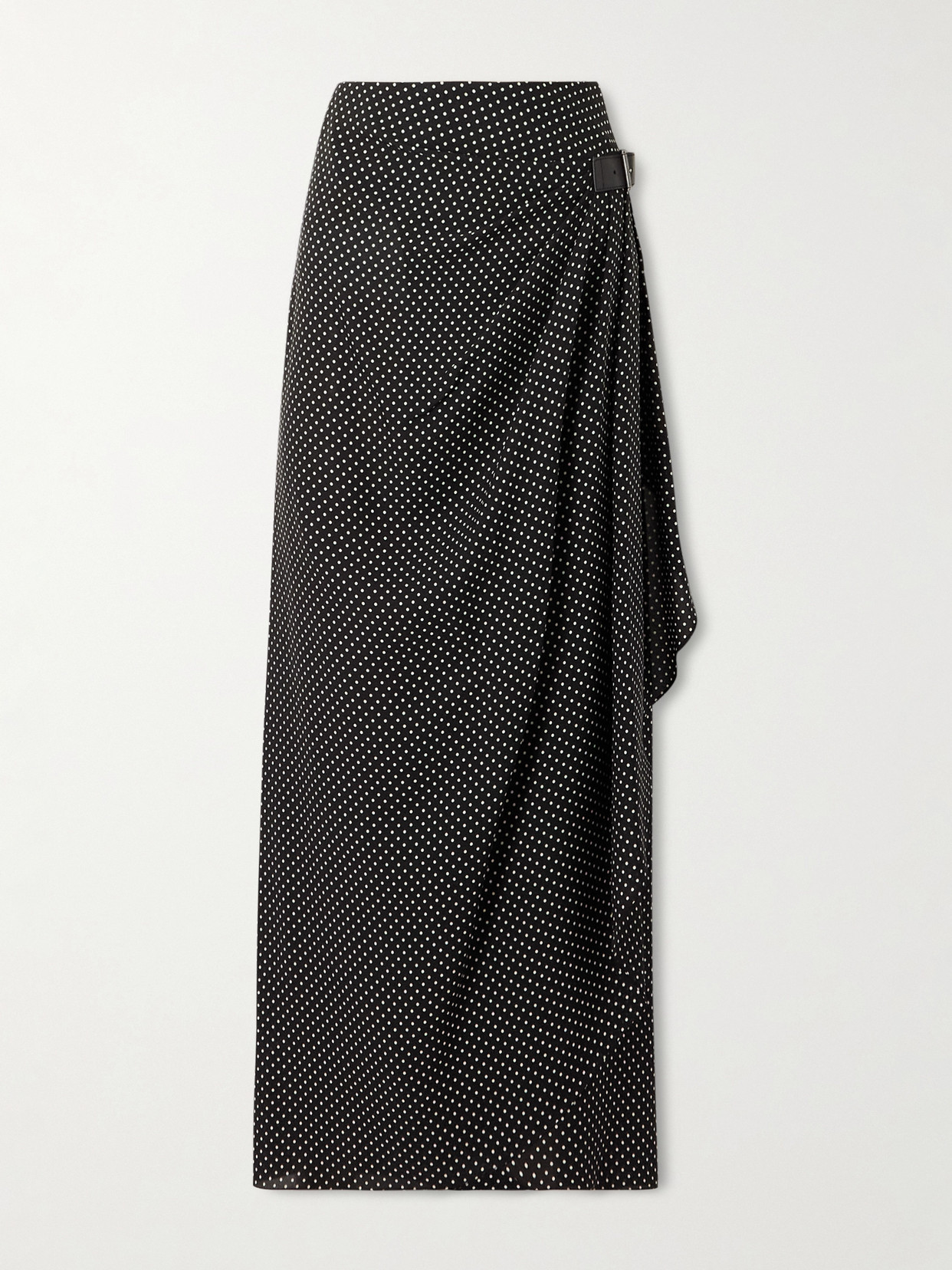 Tom Ford Buckle-detailed Wrap-effect Draped Polka-dot Silk-chiffon Midi Skirt In Black