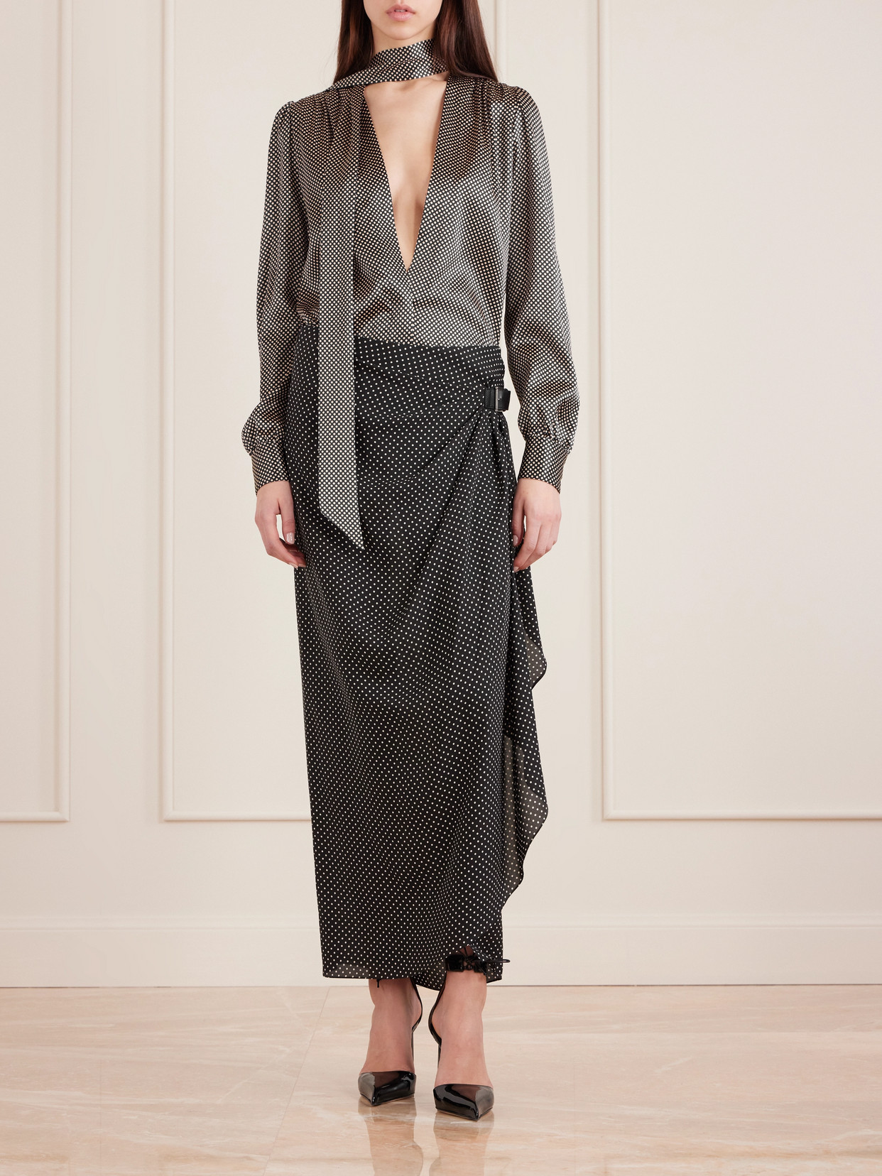 Tom Ford Buckle-detailed Wrap-effect Draped Polka-dot Silk-chiffon Midi Skirt In Black