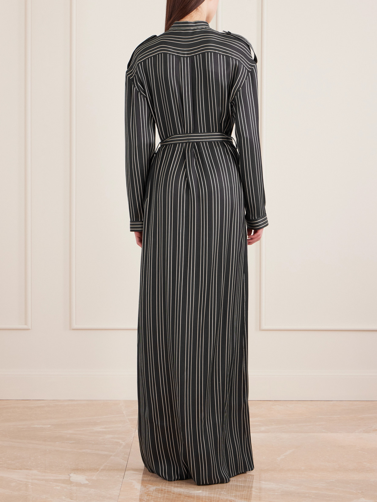 Tom Ford Belted Striped Silk-twill Maxi Dress In Black