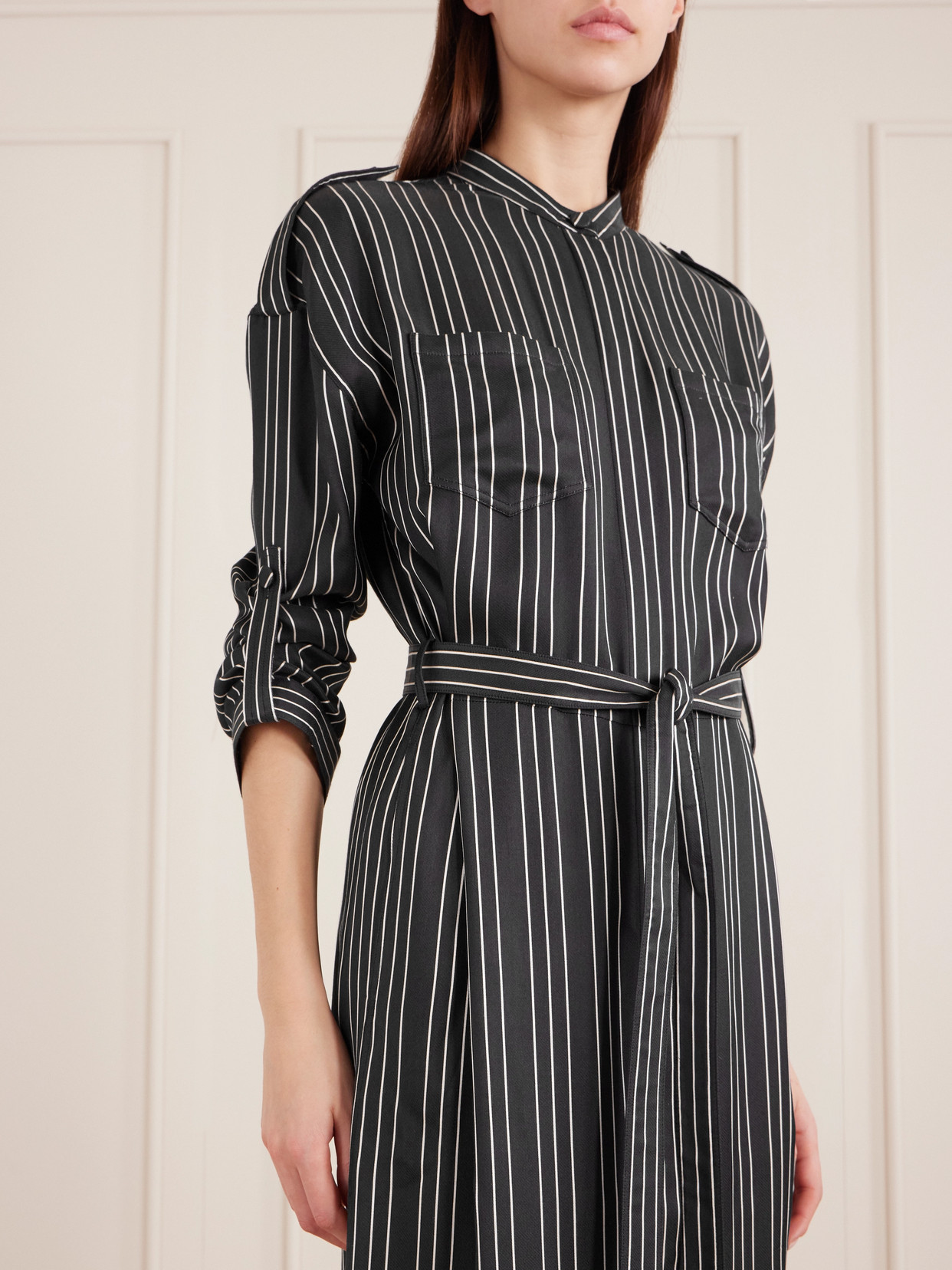Tom Ford Belted Striped Silk-twill Maxi Dress In Black