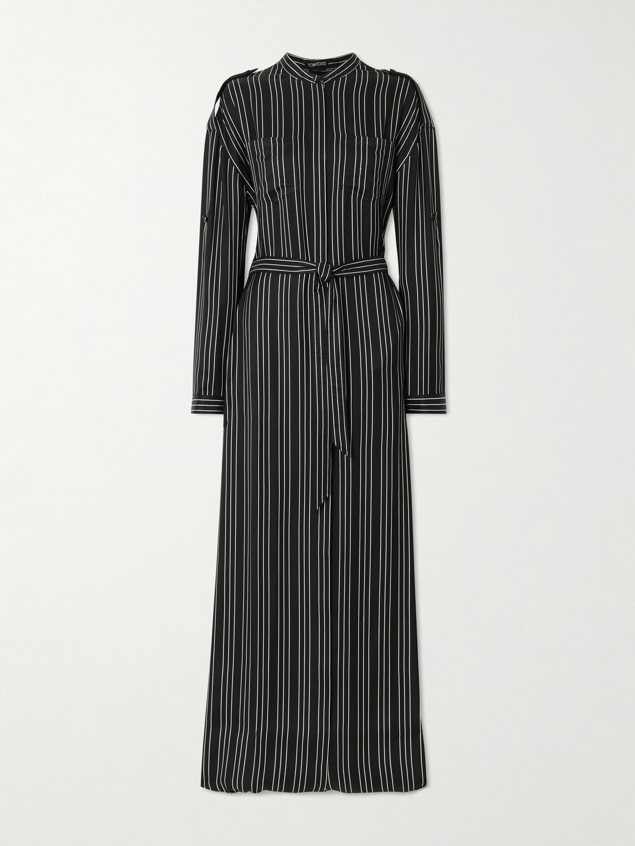 Tom Ford Belted Striped Silk-twill Maxi Dress In Black