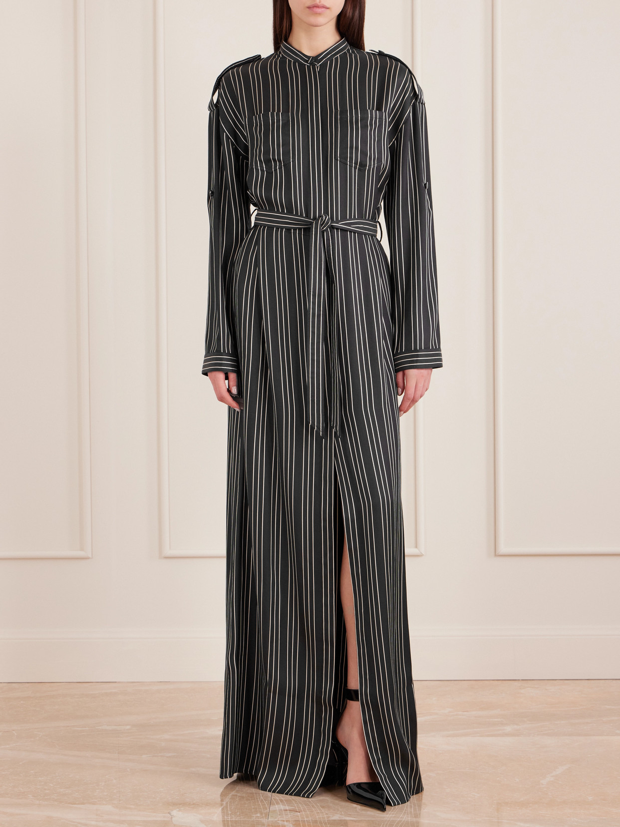 Tom Ford Belted Striped Silk-twill Maxi Dress In Black