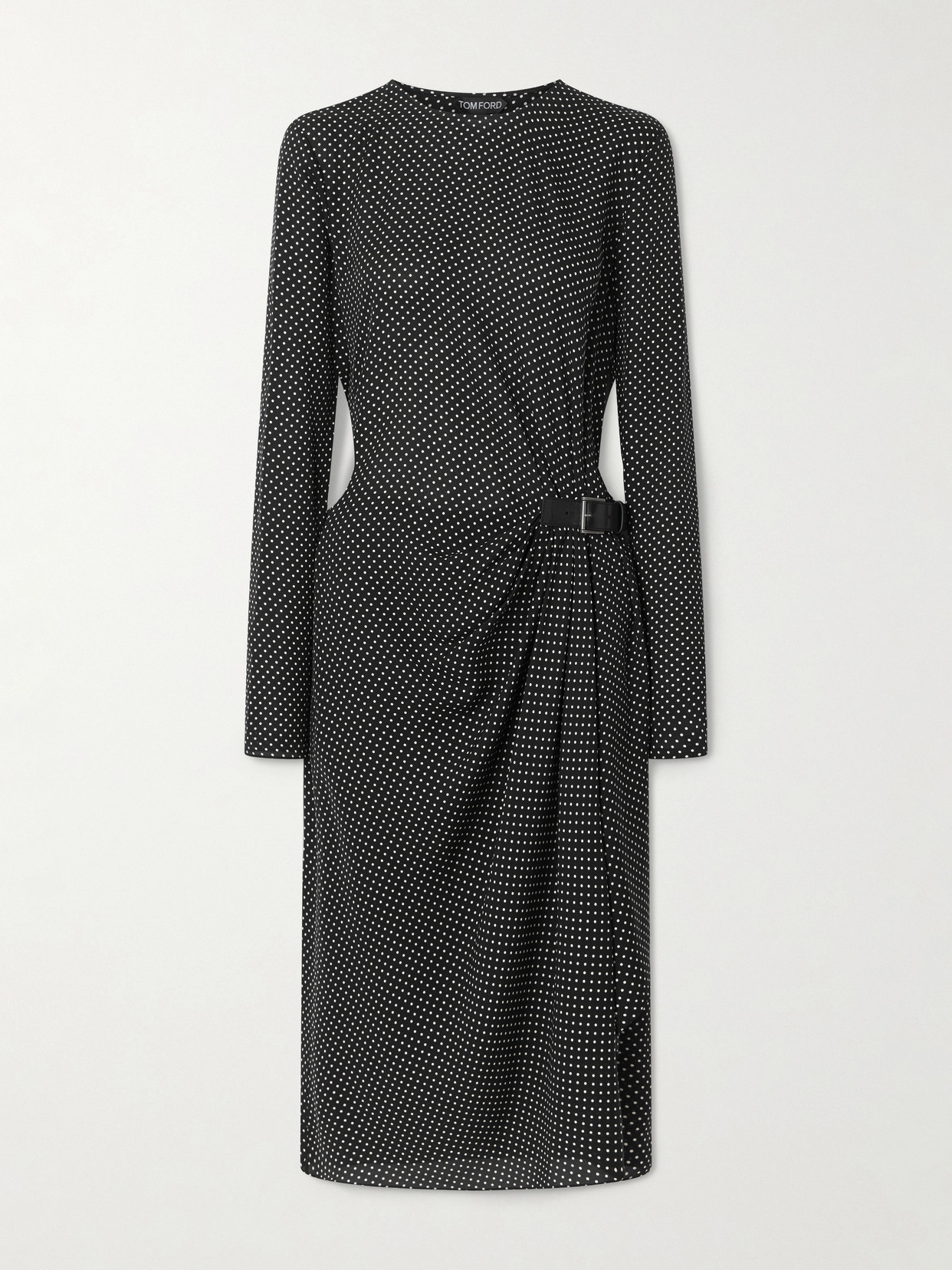 Tom Ford Buckle-detailed Polka-dot Silk-twill Midi Dress In Black