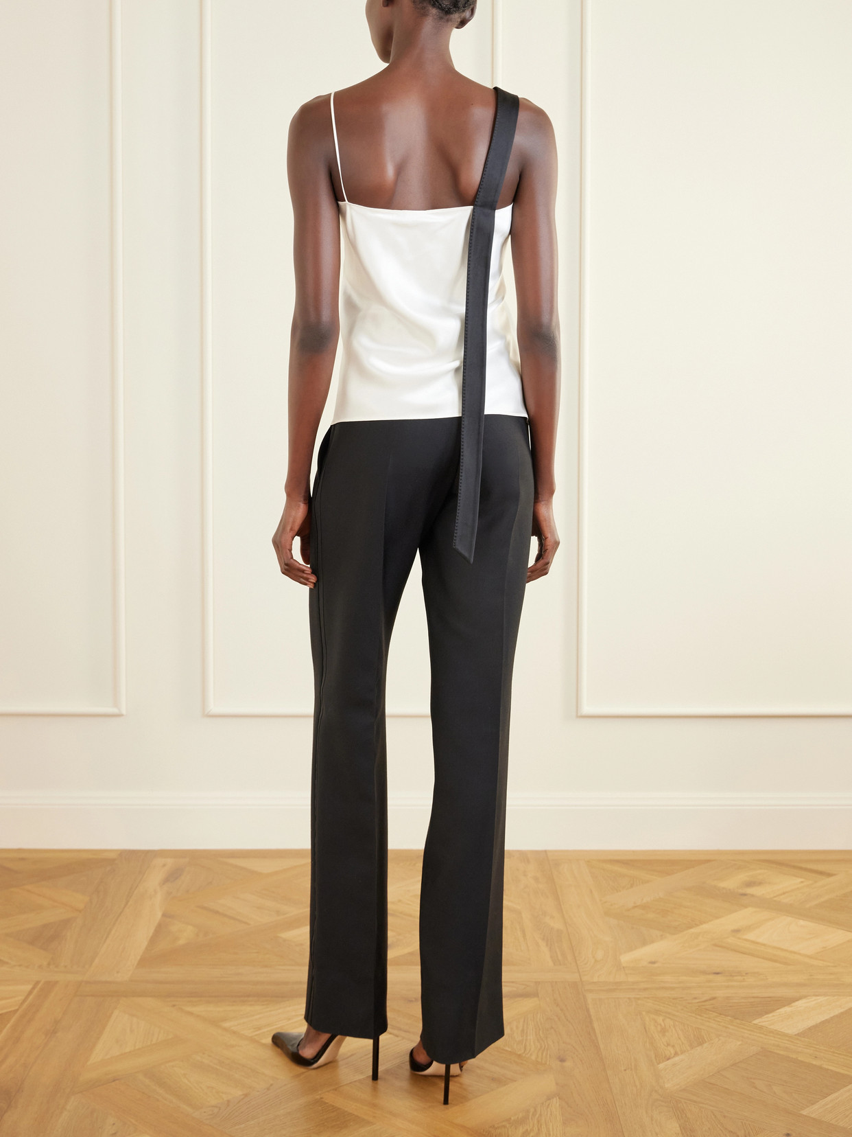 Asymmetric Draped Two-Tone Silk-Satin Camisole