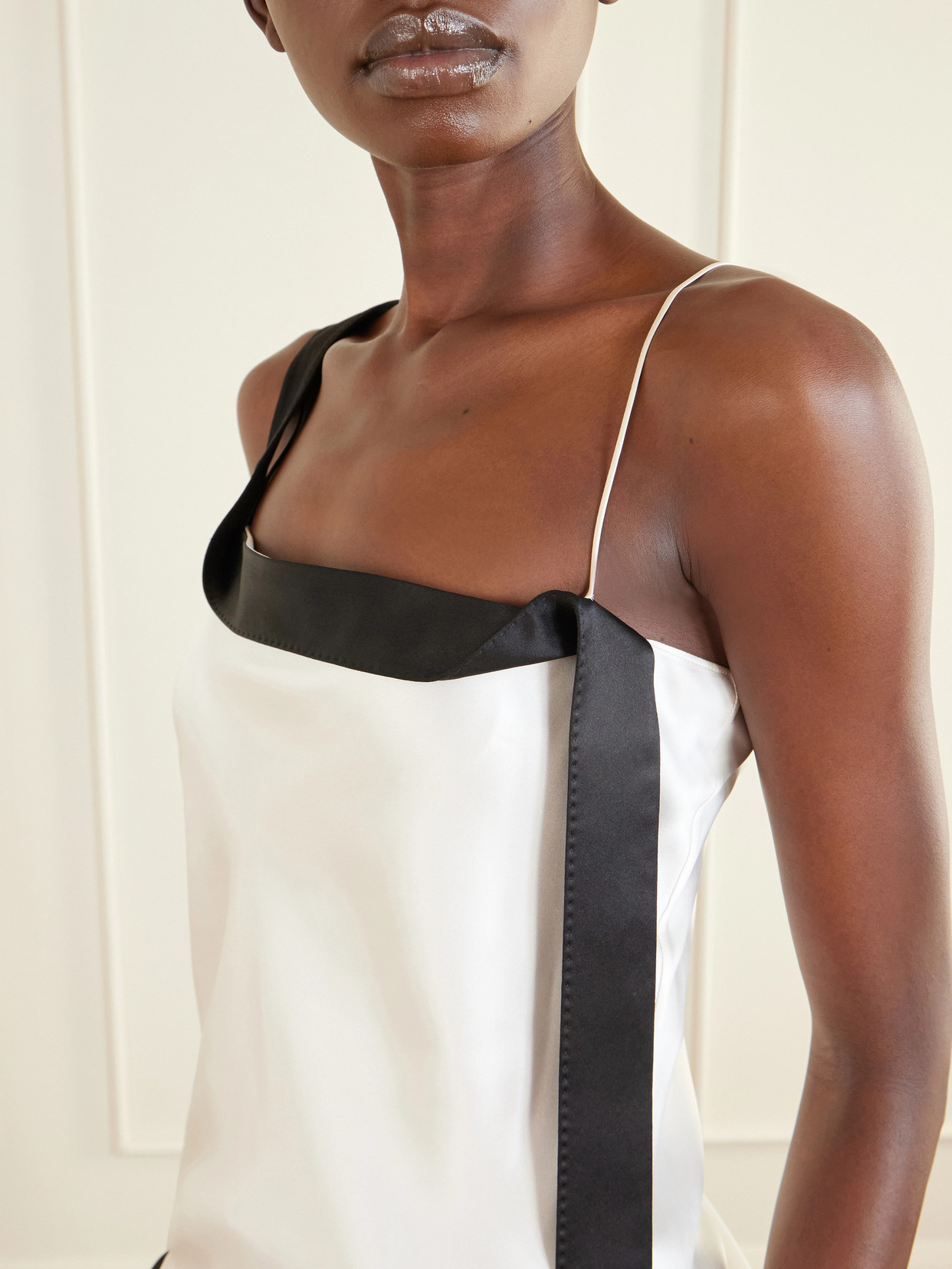 Asymmetric Draped Two-Tone Silk-Satin Camisole