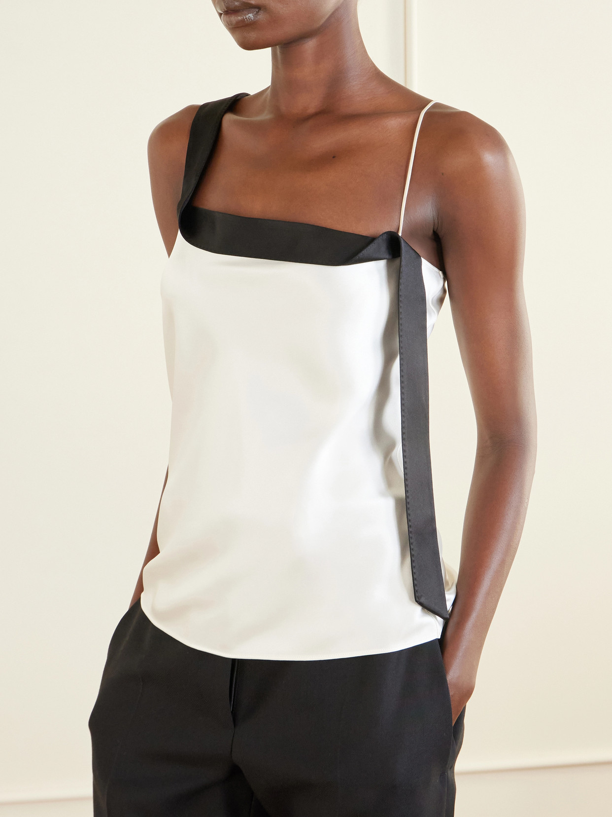 Asymmetric Draped Two-Tone Silk-Satin Camisole