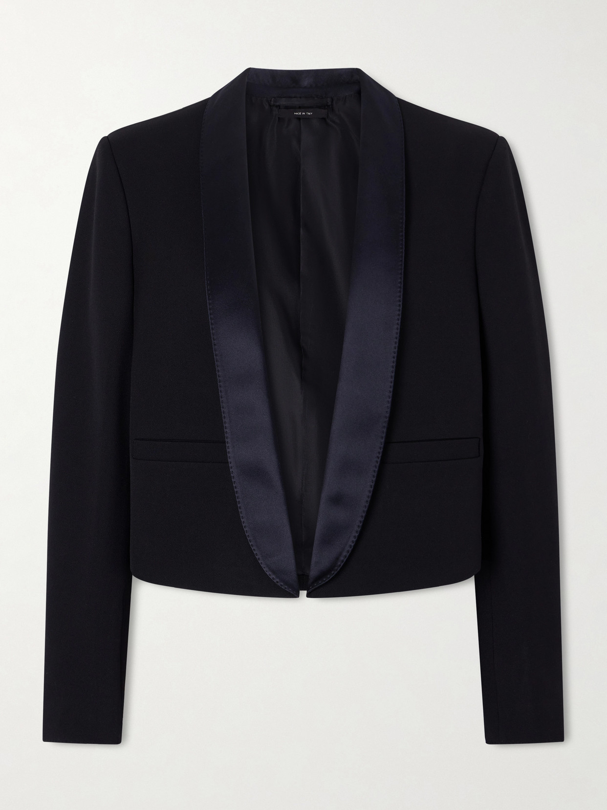 Tom Ford Cropped Silk Satin-trimmed Grain De Poudre Wool Blazer In Black