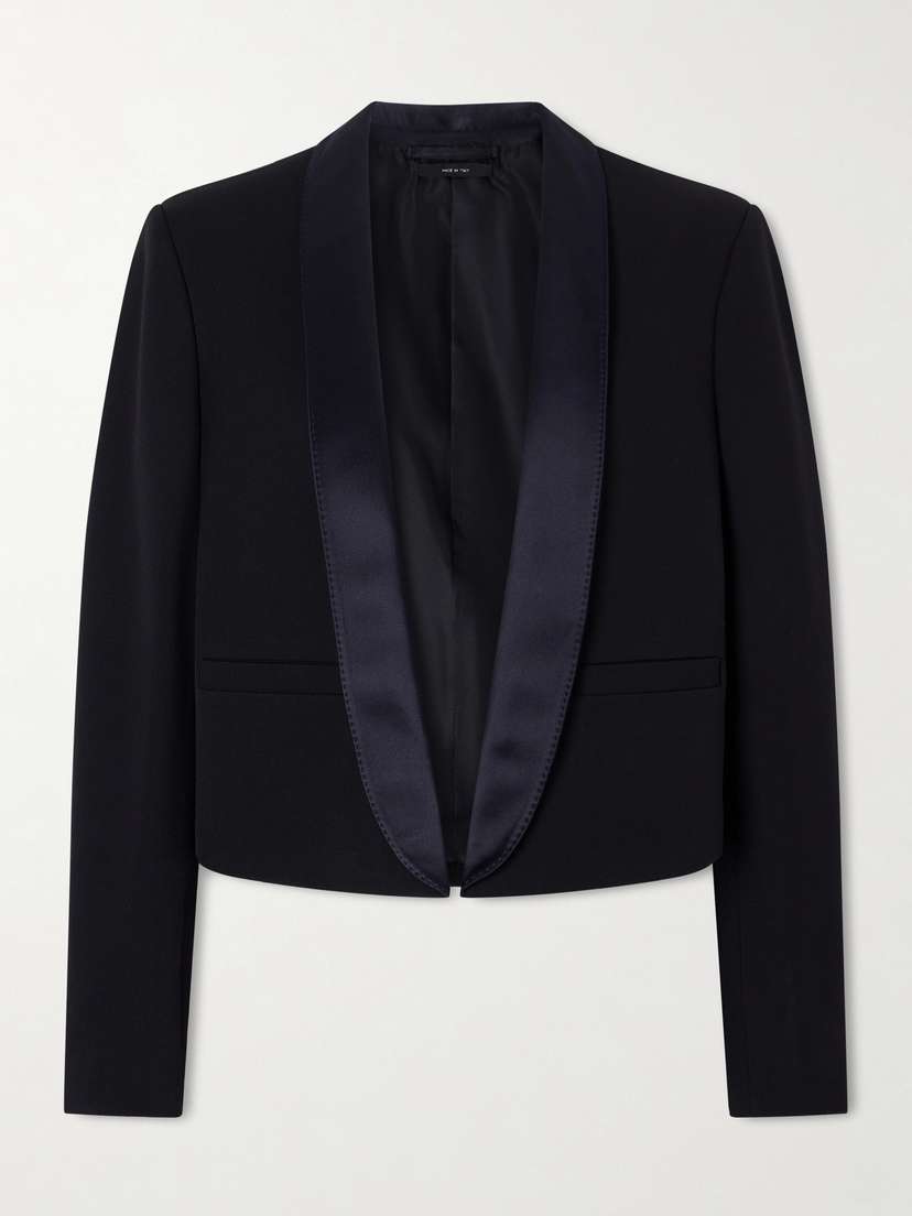 Tom Ford Cropped Silk Satin-trimmed Grain De Poudre Wool Blazer