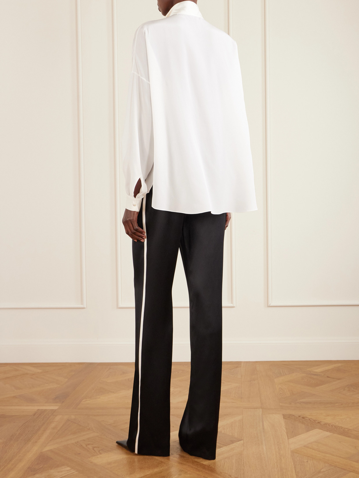 Pussy-Bow Satin-Trimmed Silk Crepe De Chine Blouse