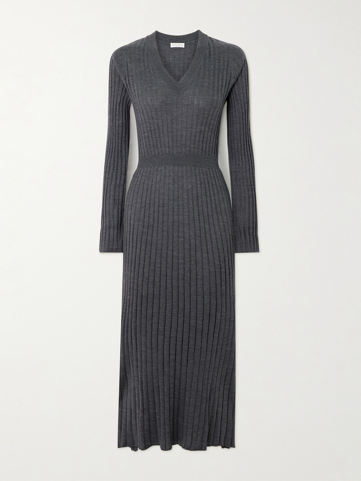 Brunello Cucinelli Ribbed Wool Midi Dress In Gray