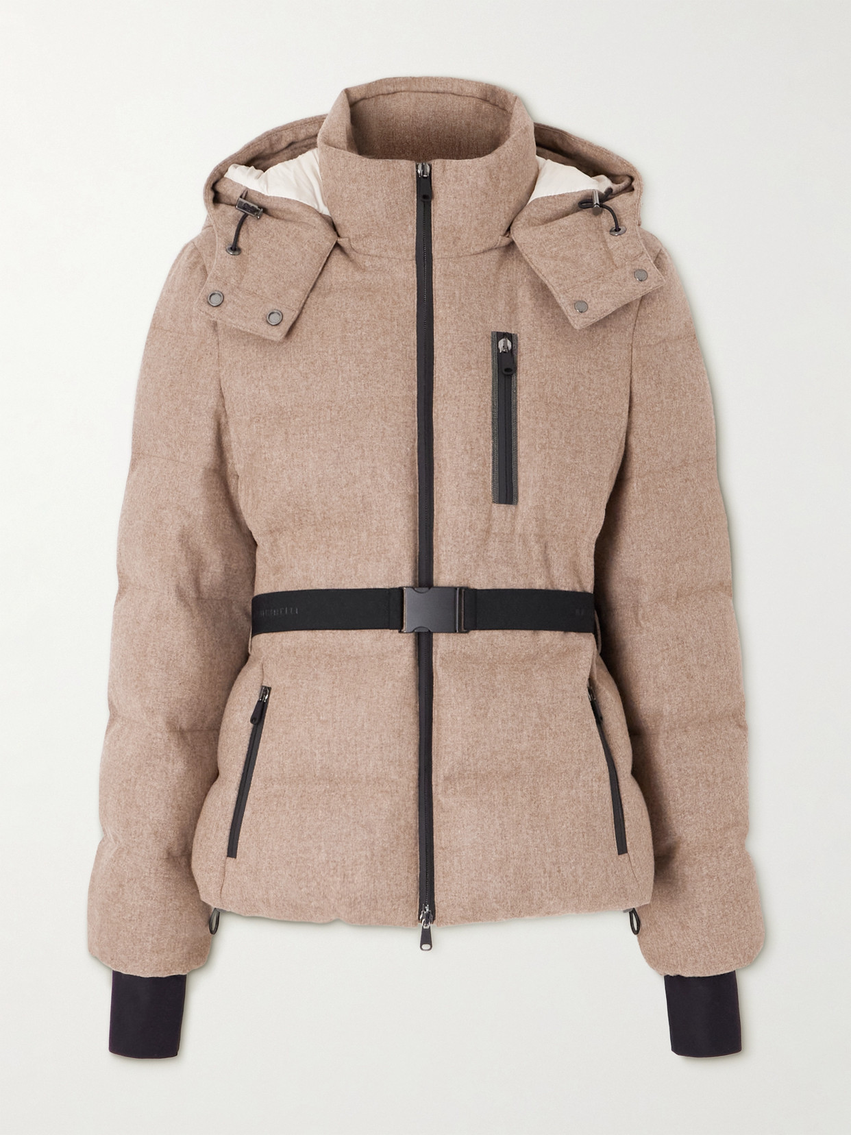 Brunello Cucinelli Belted Padded Wool Jacket In Brown