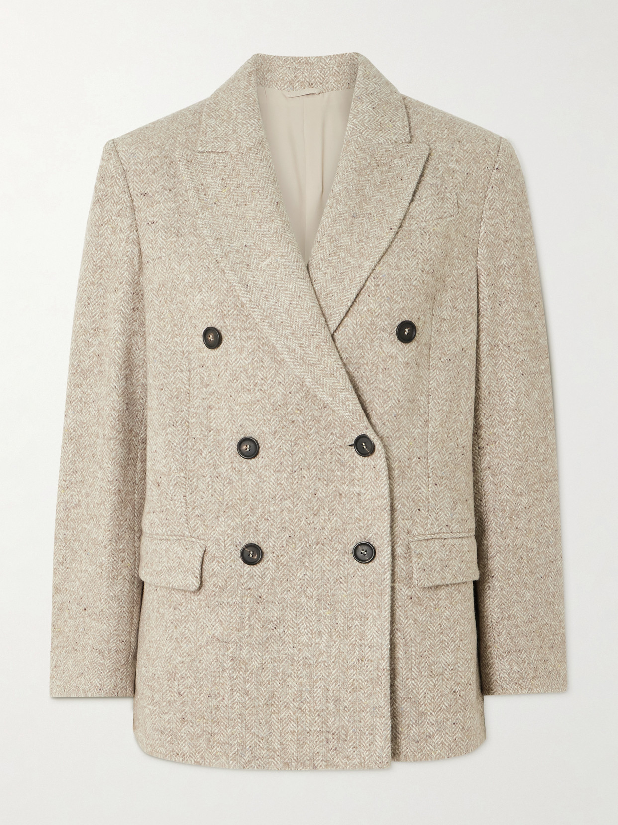 Brunello Cucinelli Double-breasted Wool And Silk-blend Tweed Blazer In Neutral