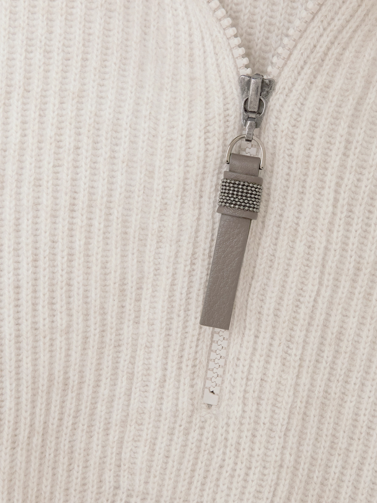 Brunello Cucinelli Bead-embellished Ribbed Cashmere Half-zip Sweater In White