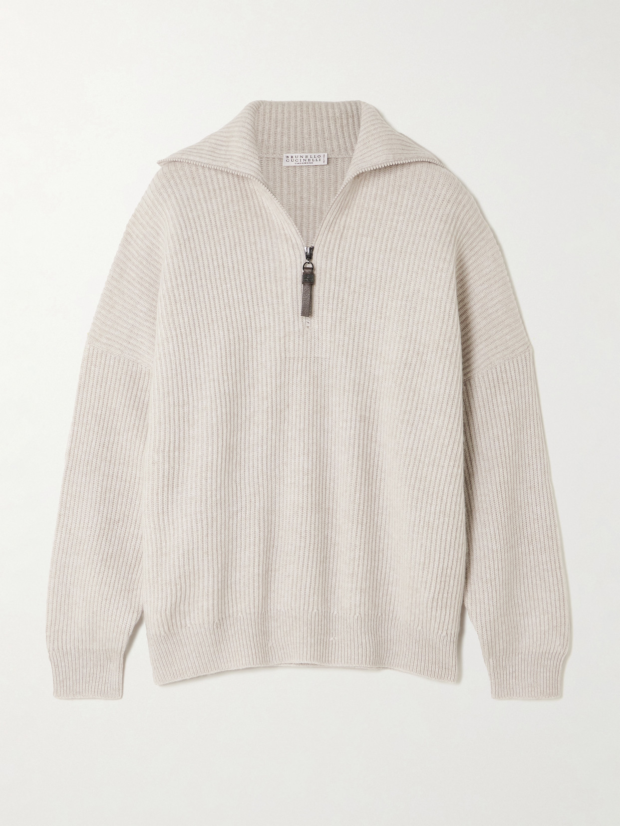 Brunello Cucinelli Bead-embellished Ribbed Cashmere Half-zip Sweater In White