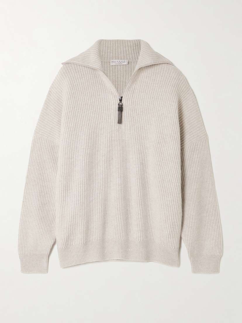 Brunello Cucinelli Bead-embellished Ribbed Cashmere Half-zip Sweater