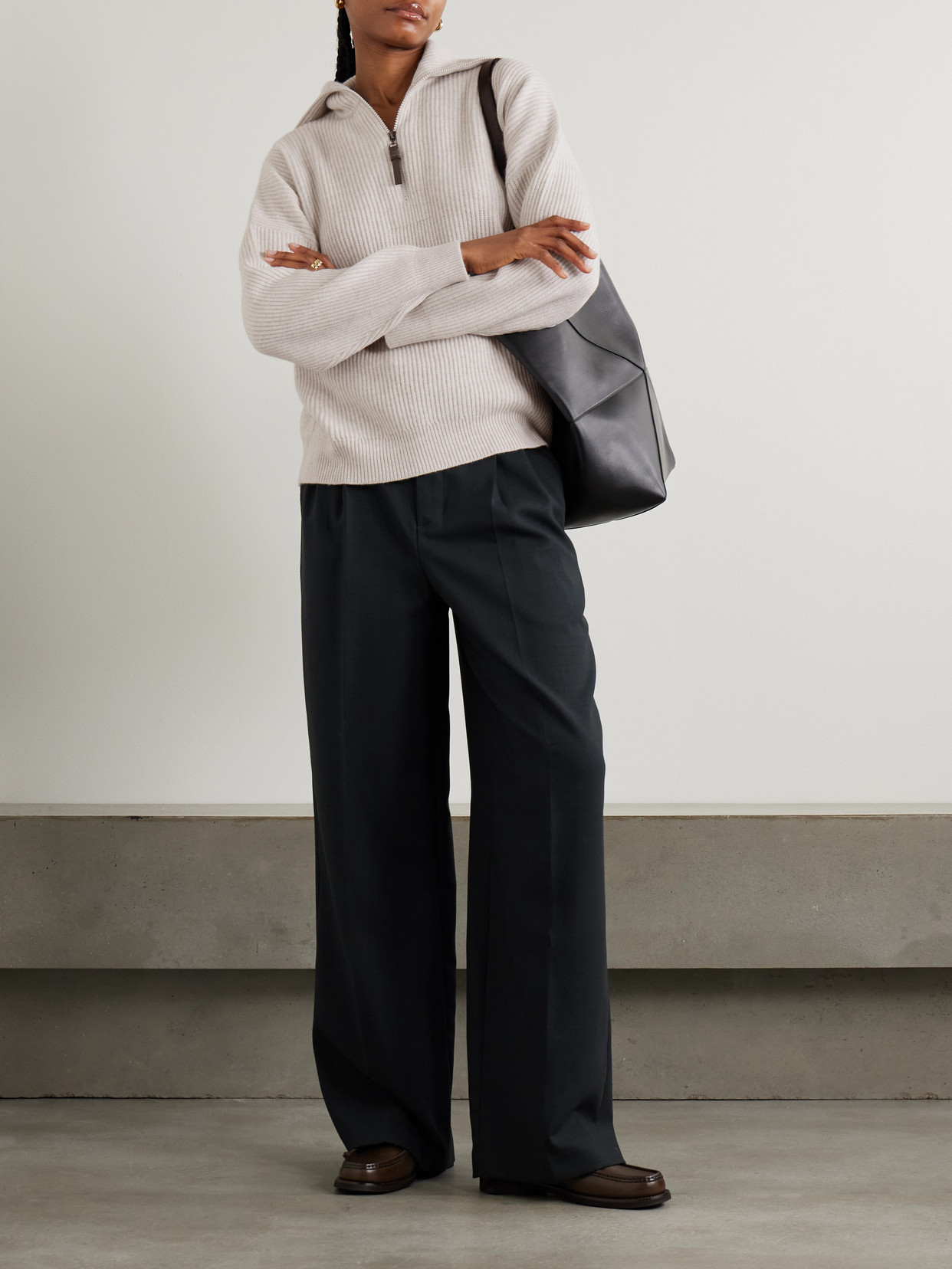Brunello Cucinelli Bead-embellished Ribbed Cashmere Half-zip Sweater In White
