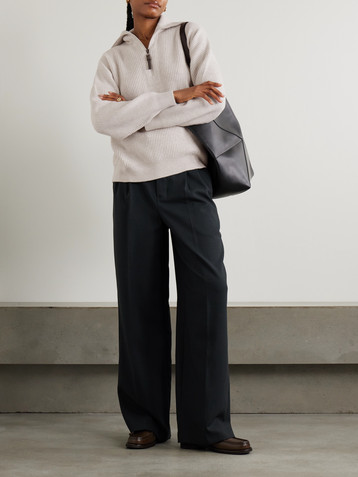 Brunello Cucinelli Bead-embellished ribbed cashmere half-zip sweater