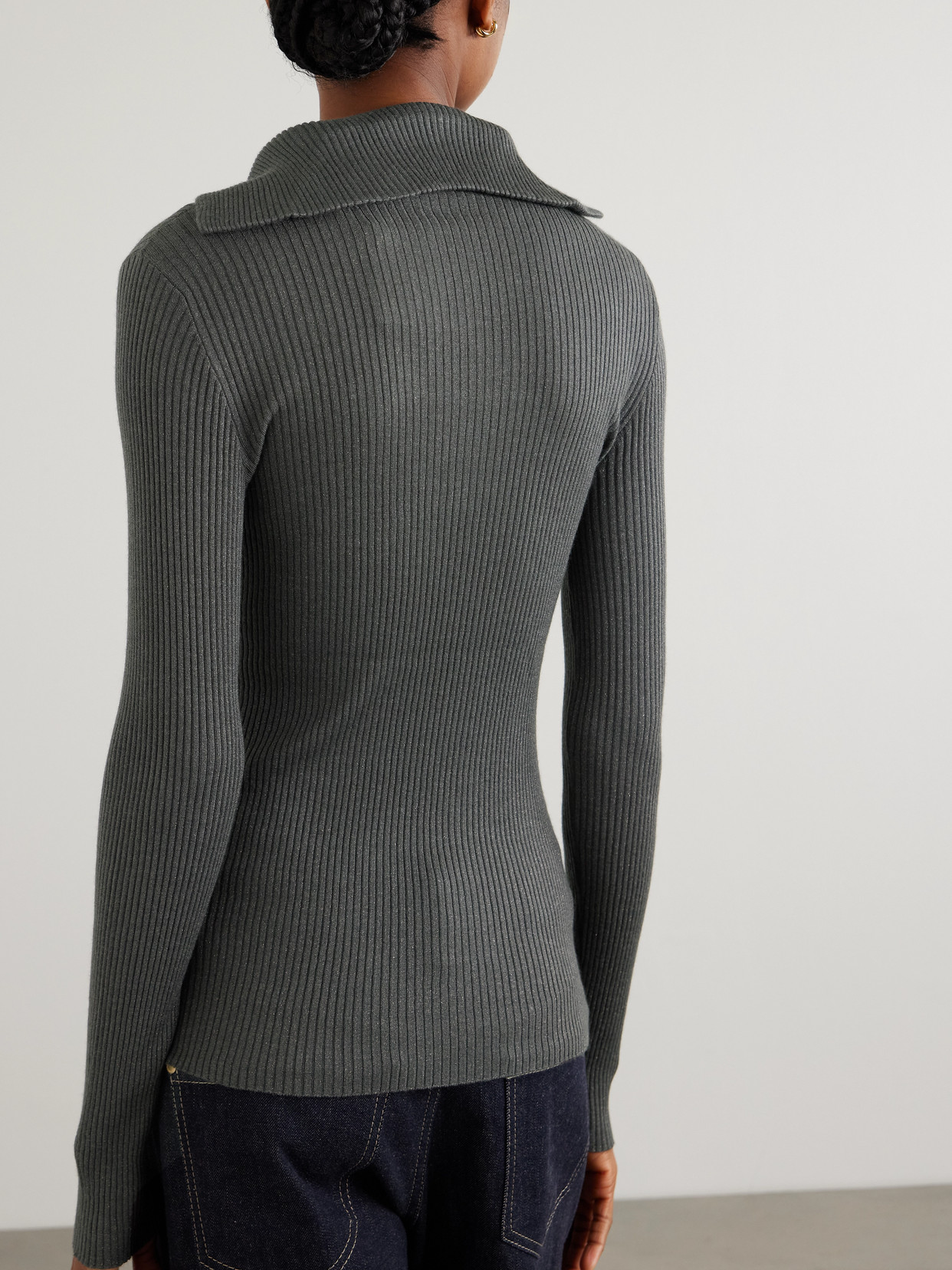 Brunello Cucinelli Ribbed Metallic Cashmere And Silk-blend Top In Gray