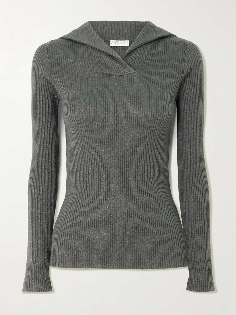 Brunello Cucinelli Ribbed Metallic Cashmere And Silk-blend Top