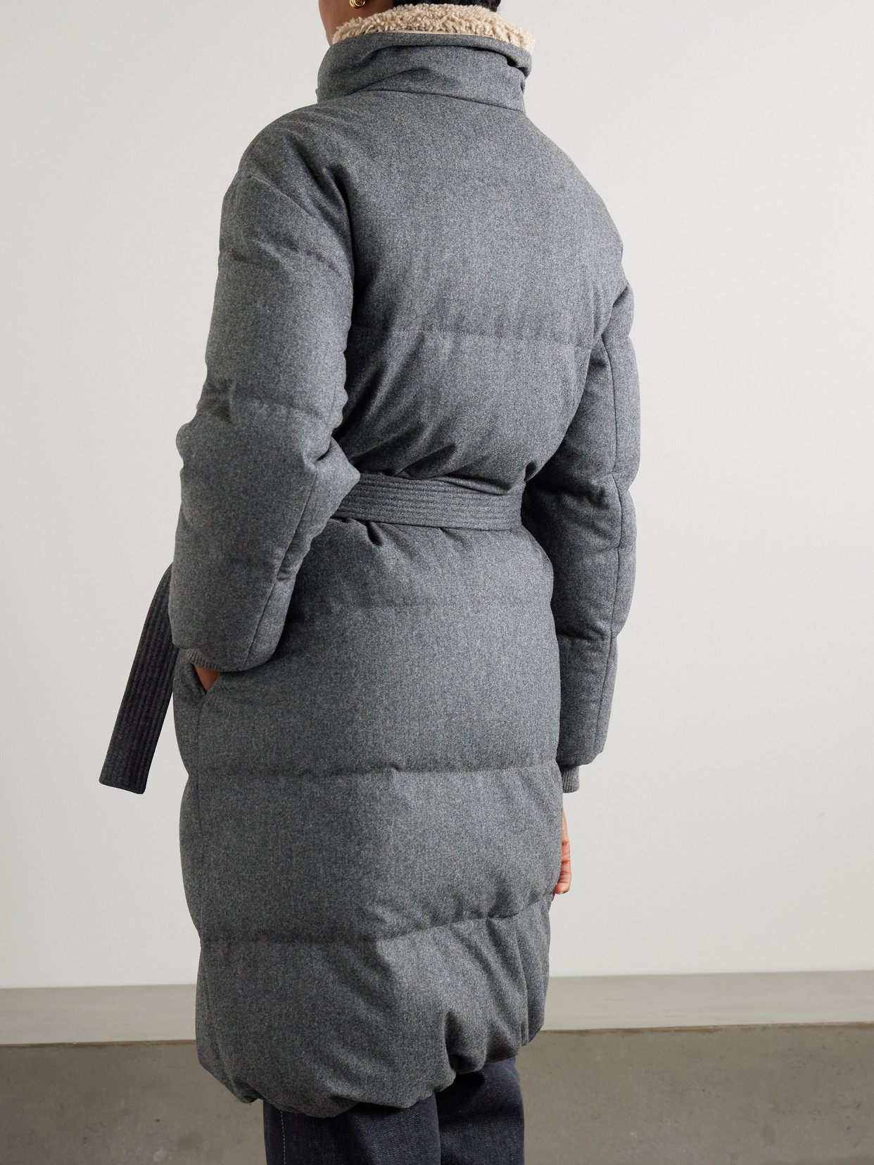 Brunello Cucinelli Belted Quilted Shearling-trimmed Wool Down Jacket In Gray