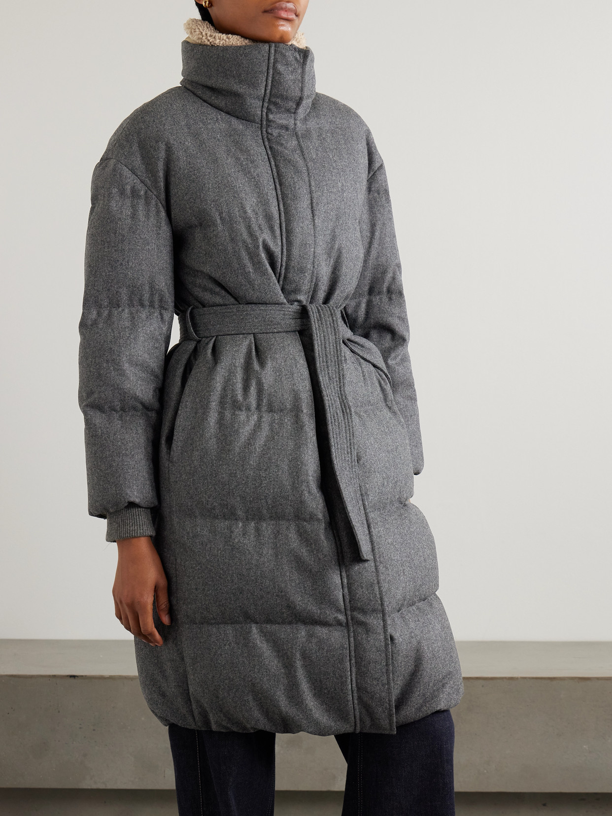 Brunello Cucinelli Belted Quilted Shearling-trimmed Wool Down Jacket In Gray