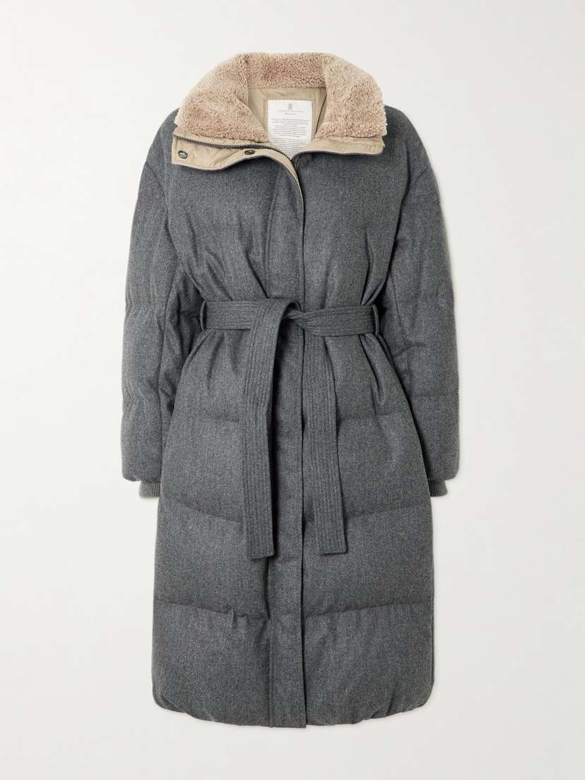 Brunello Cucinelli Belted Quilted Shearling-trimmed Wool Down Coat