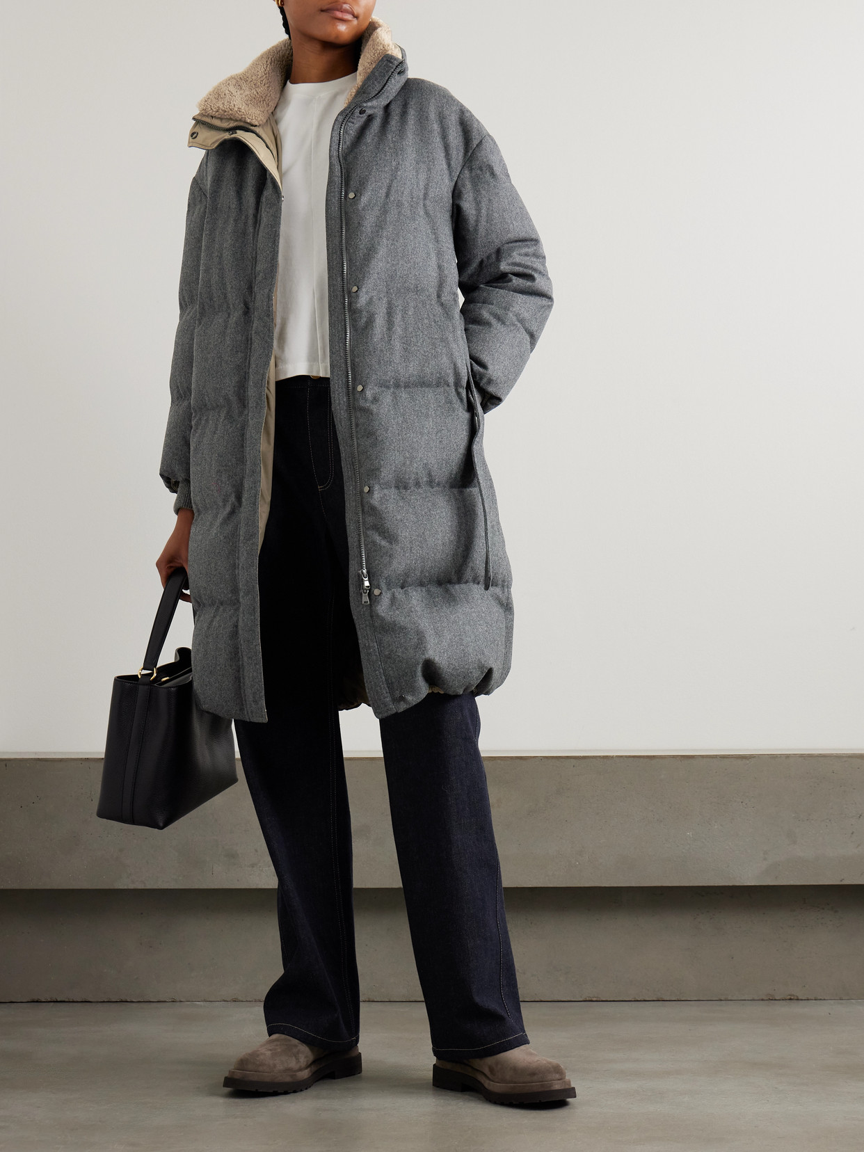 Brunello Cucinelli Belted Quilted Shearling-trimmed Wool Down Jacket In Gray