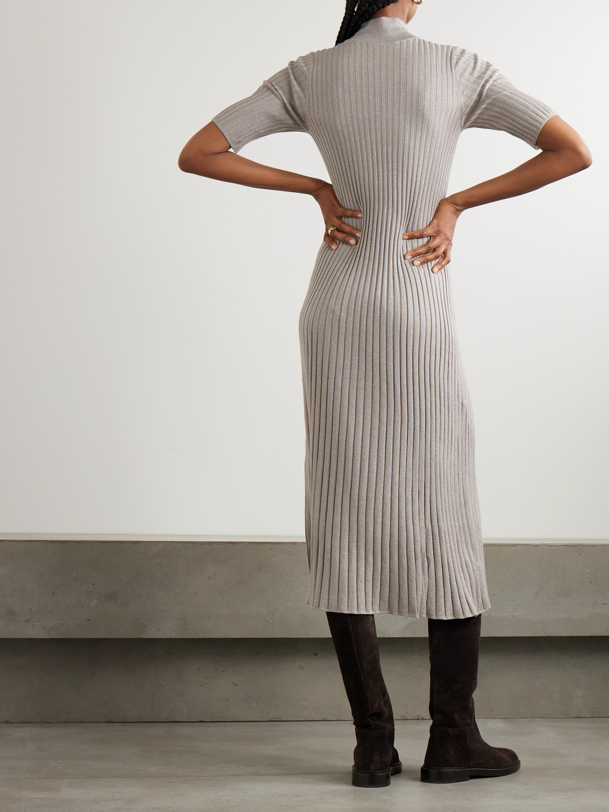 Brunello Cucinelli Ribbed Cashmere-blend Midi Dress In Gray