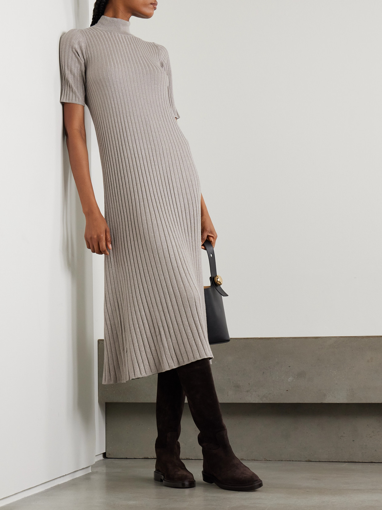 Brunello Cucinelli Ribbed Cashmere-blend Midi Dress In Gray