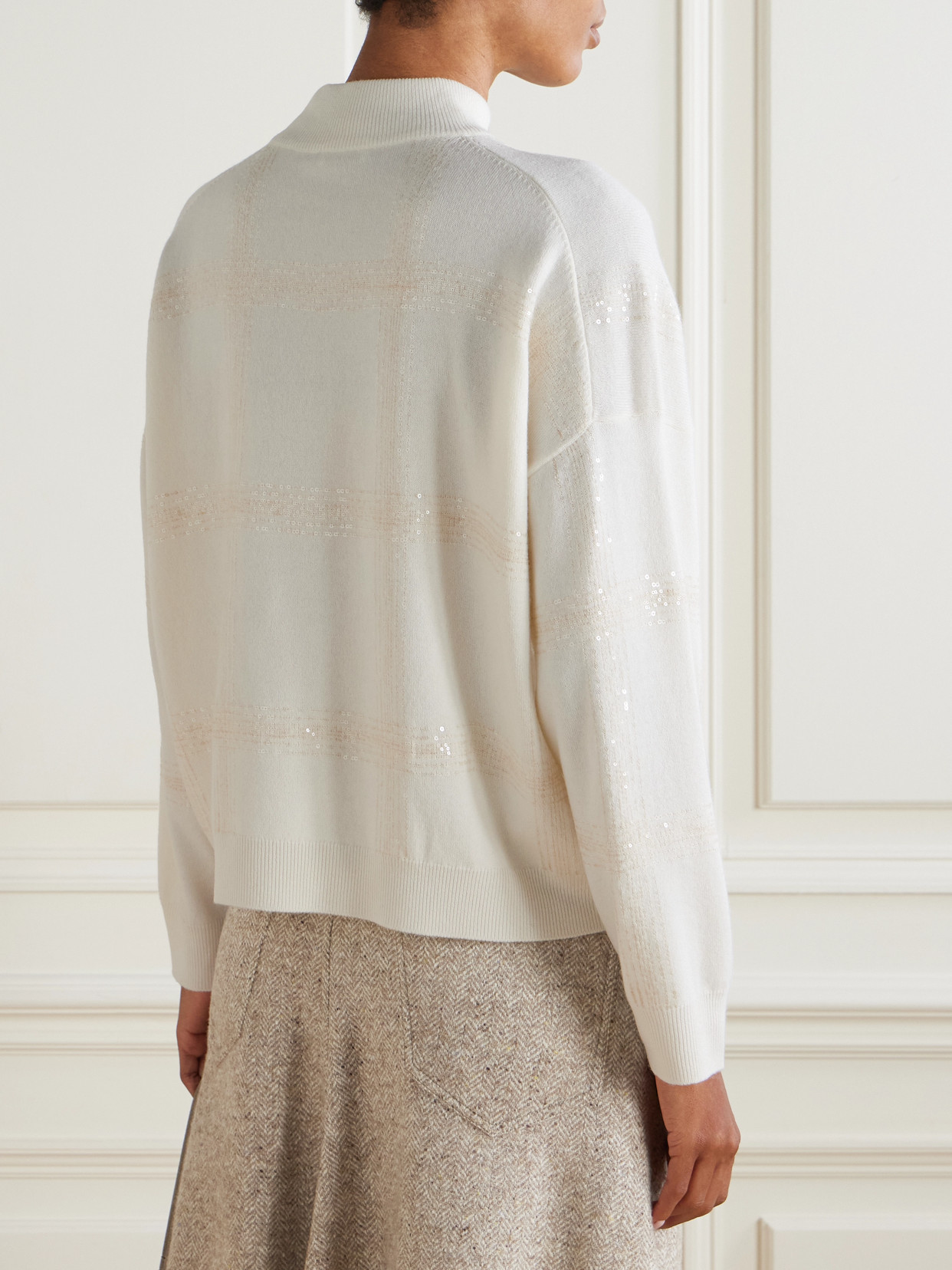 Brunello Cucinelli Sequin-embellished Stripe Wool-cashmere Sweater In Neutral