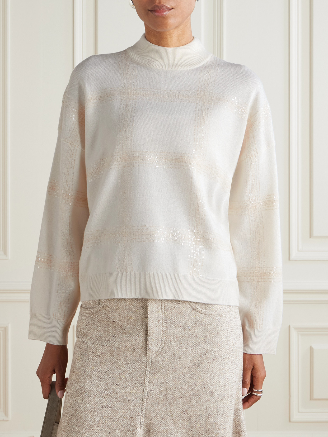 Brunello Cucinelli Sequin-embellished Stripe Wool-cashmere Sweater In Neutral