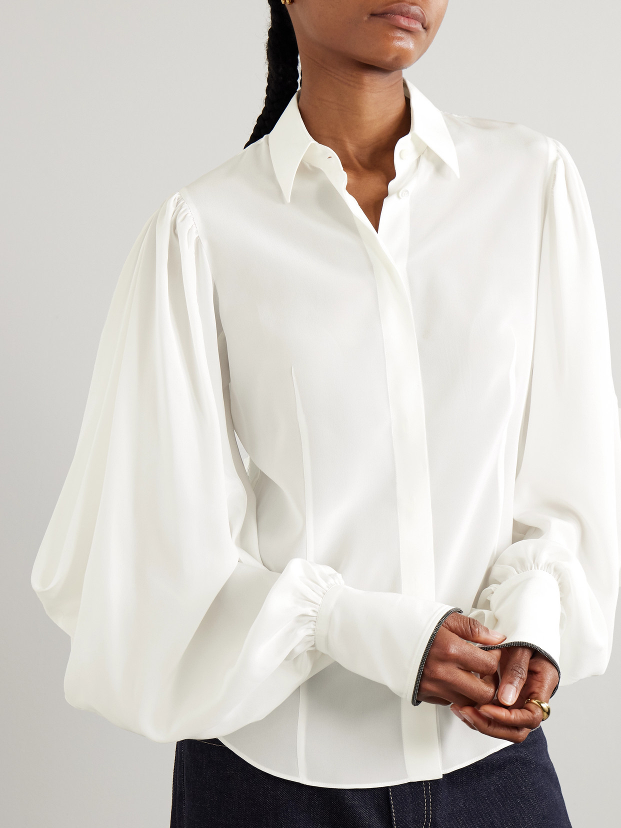 Brunello Cucinelli Bead-embellished Silk Shirt In White