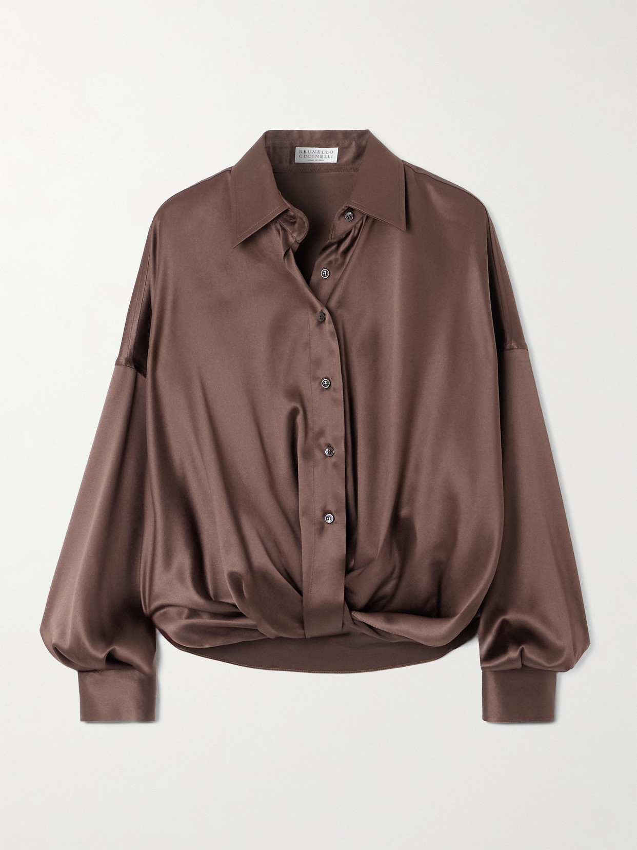 Brunello Cucinelli Gathered Silk-blend Satin Shirt In Brown