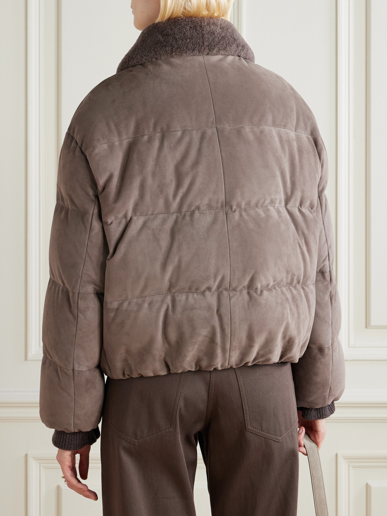 Bead-Embellished Shearling-Trimmed Padded Quilted Suede Down Jacket