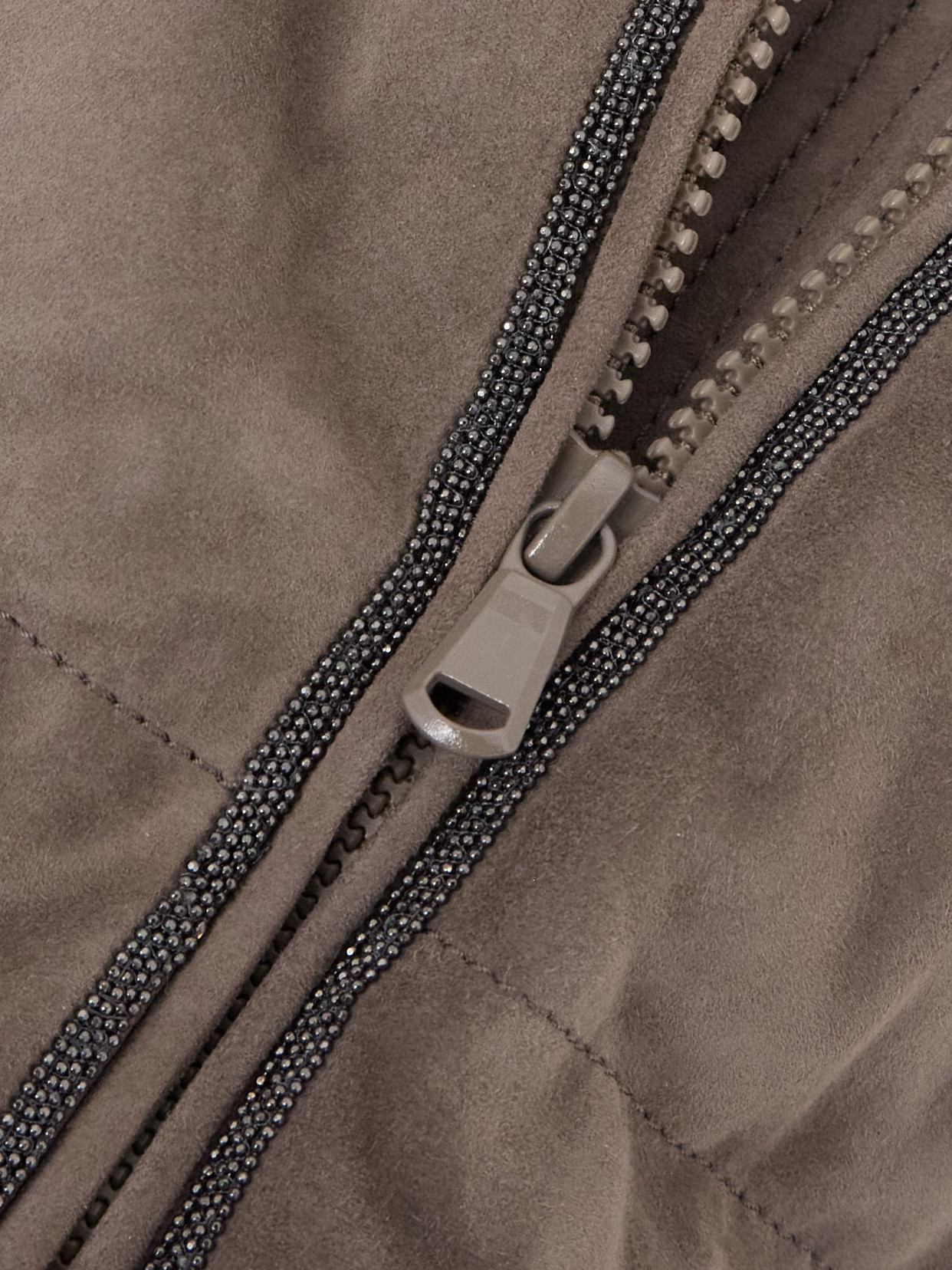 Bead-Embellished Shearling-Trimmed Padded Quilted Suede Down Jacket