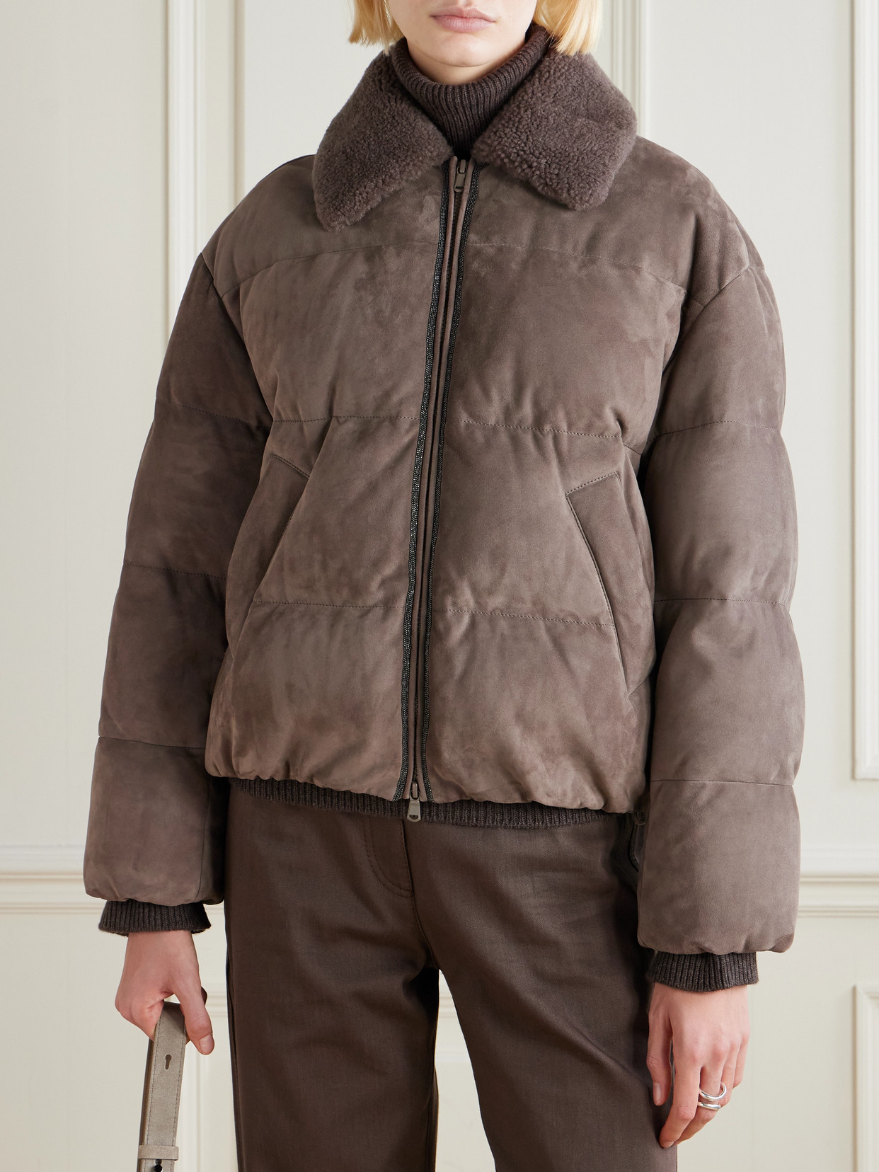Bead-Embellished Shearling-Trimmed Padded Quilted Suede Down Jacket
