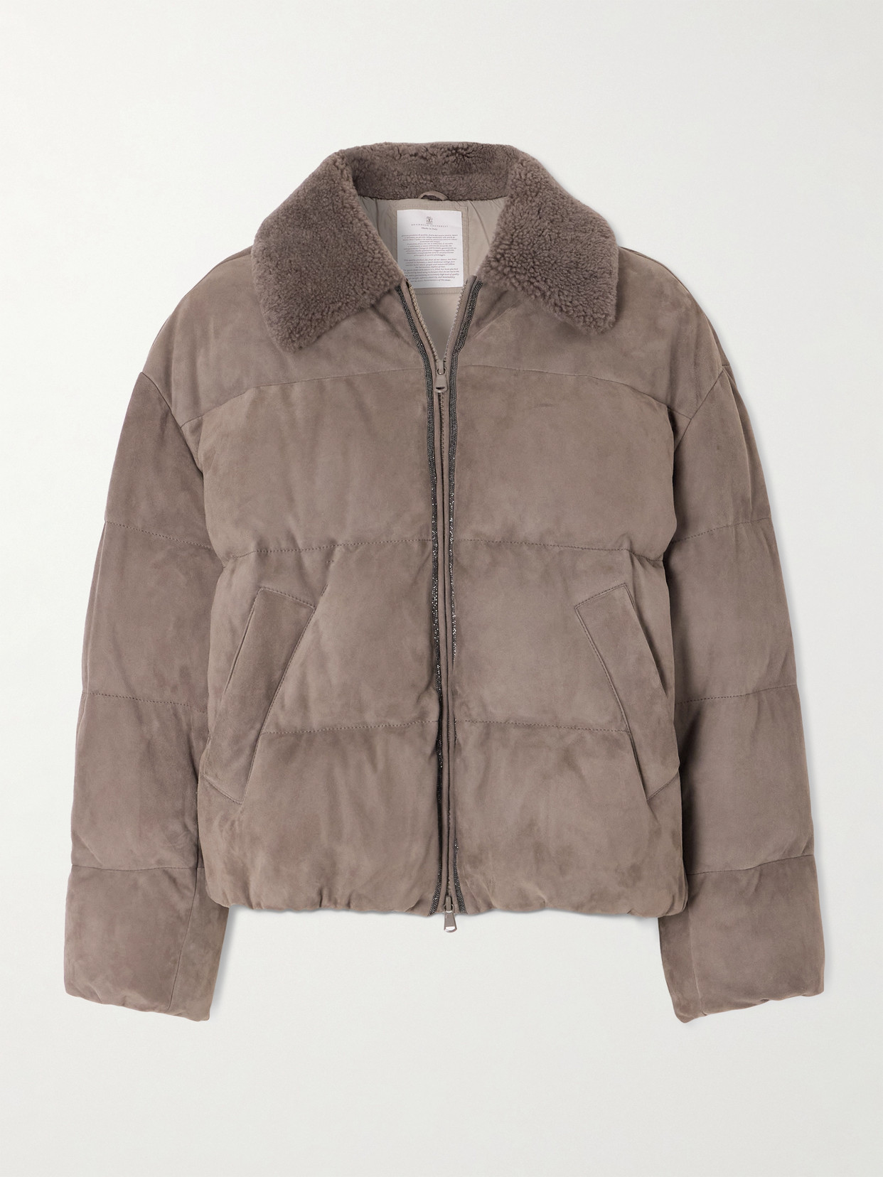 Brunello Cucinelli Bead-embellished Shearling-trimmed Padded Quilted Suede Down Jacket In Brown