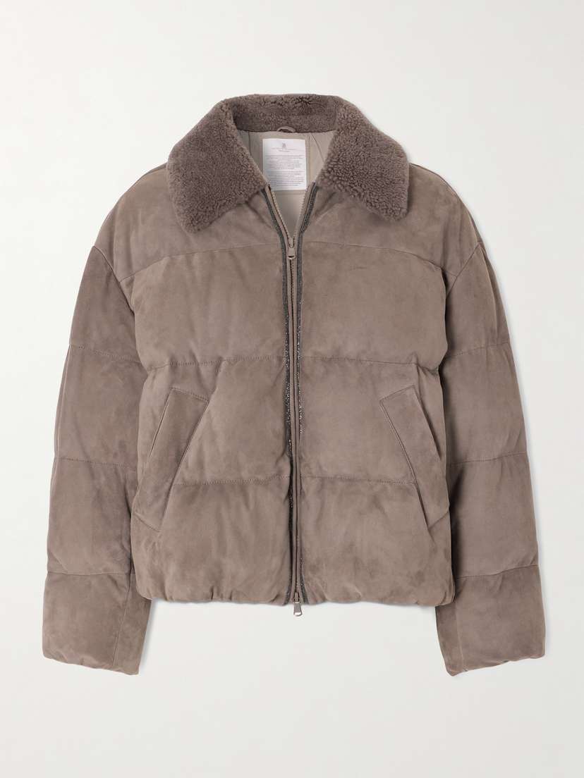 Brunello Cucinelli — Bead-embellished shearling-trimmed padded quilted suede down jacket