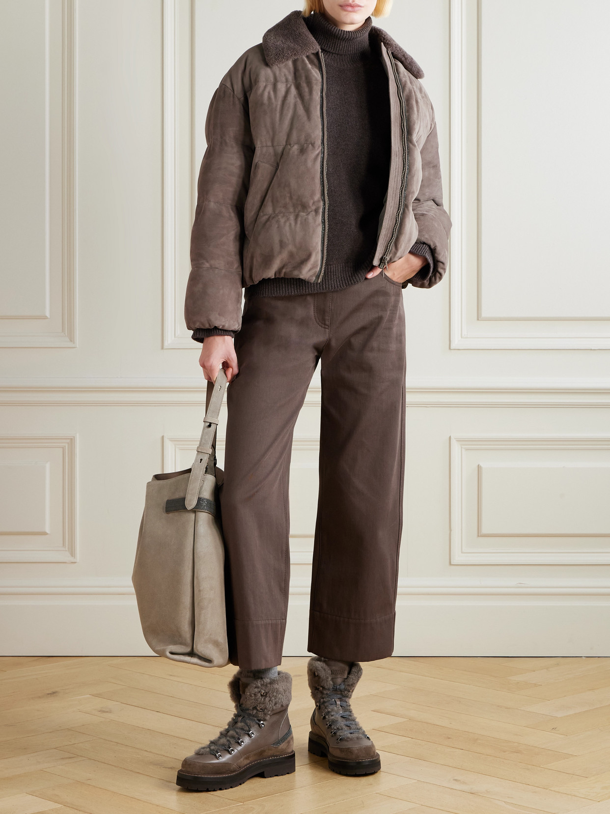 Bead-Embellished Shearling-Trimmed Padded Quilted Suede Down Jacket