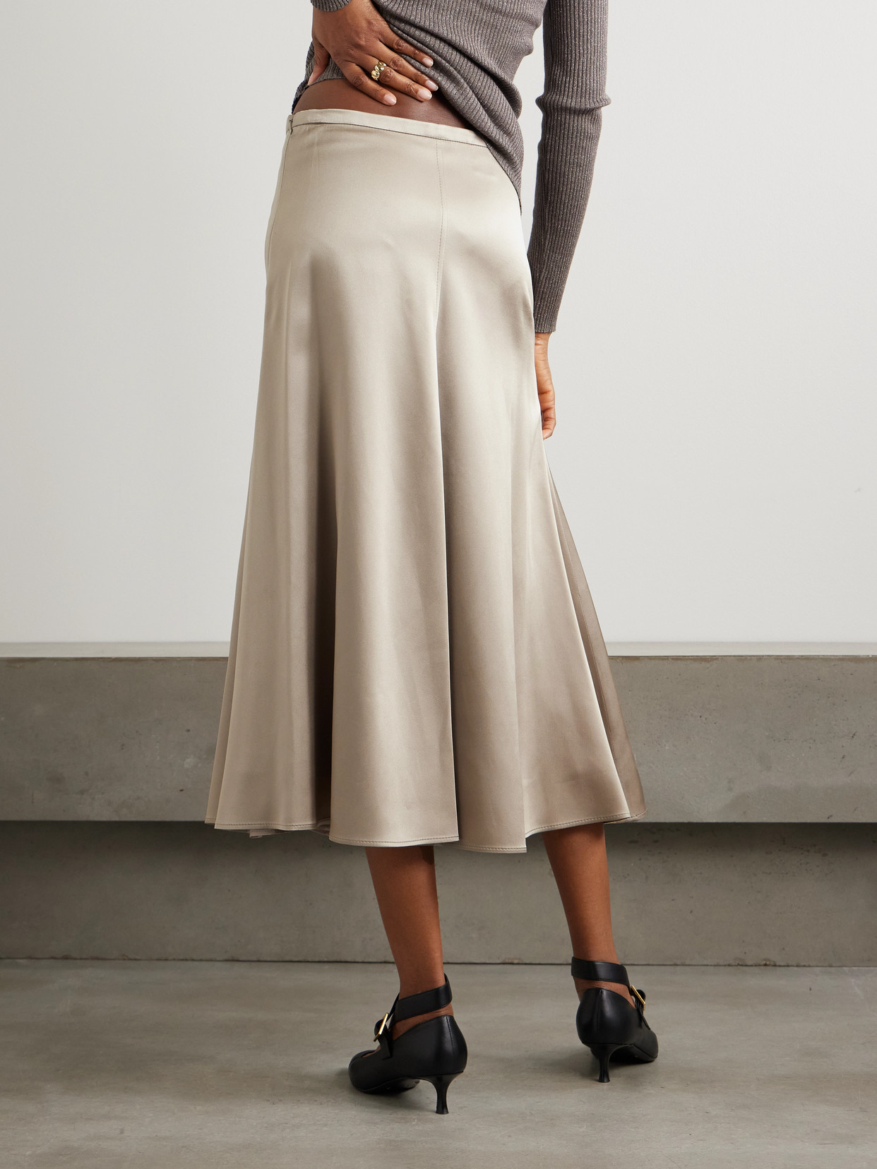 Brunello Cucinelli Gathered Silk-satin Midi Skirt In Neutral