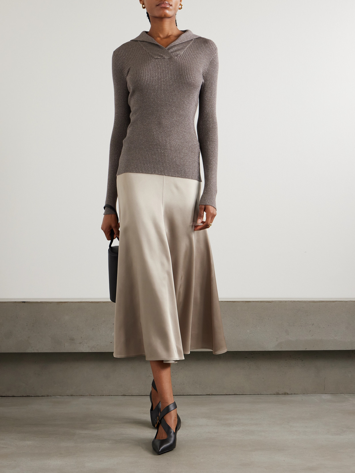 Brunello Cucinelli Gathered Silk-satin Midi Skirt In Neutral
