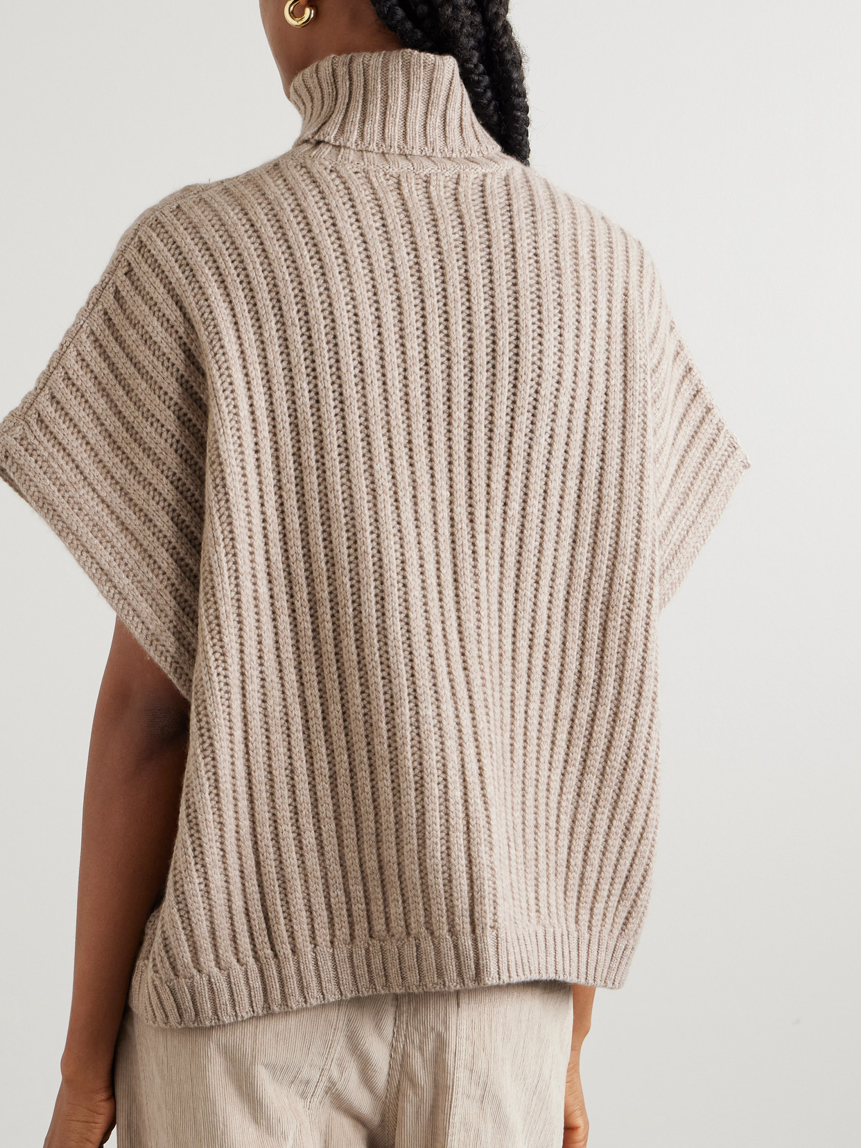 Brunello Cucinelli Women Beige Openwork Rib Cashmere Feather Turtleneck Sweater In Neutral