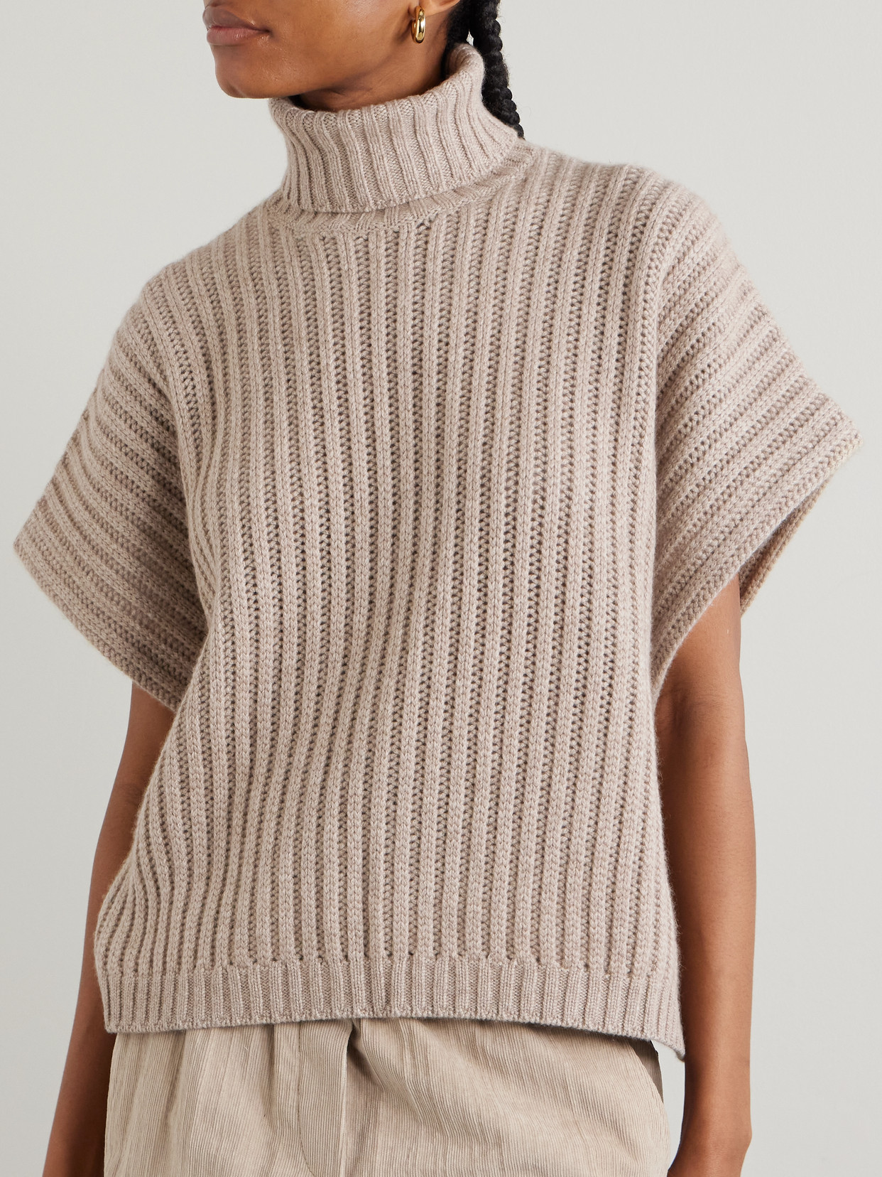 Brunello Cucinelli Women Beige Openwork Rib Cashmere Feather Turtleneck Sweater In Neutral