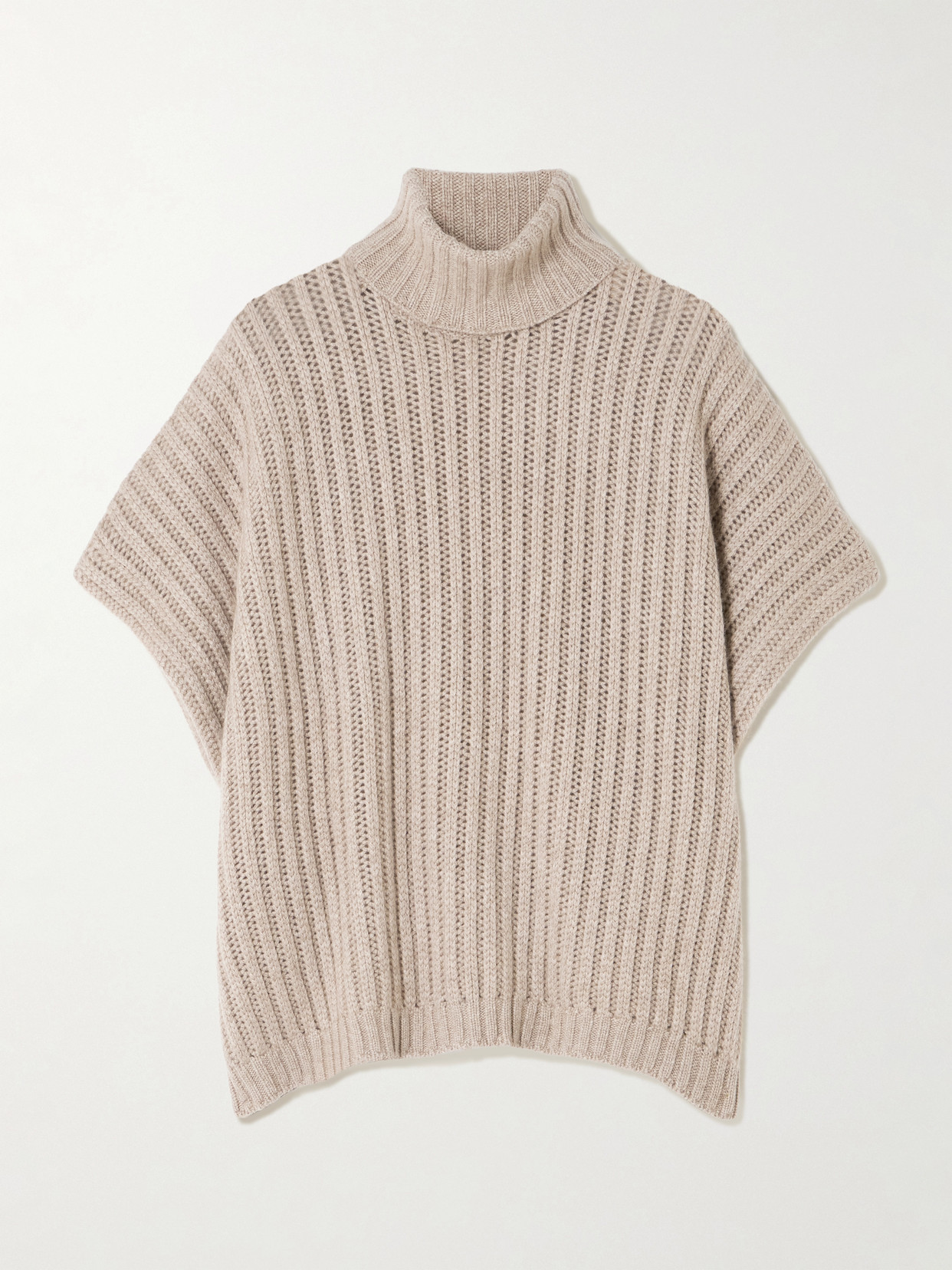 Brunello Cucinelli Women Beige Openwork Rib Cashmere Feather Turtleneck Sweater In Neutral