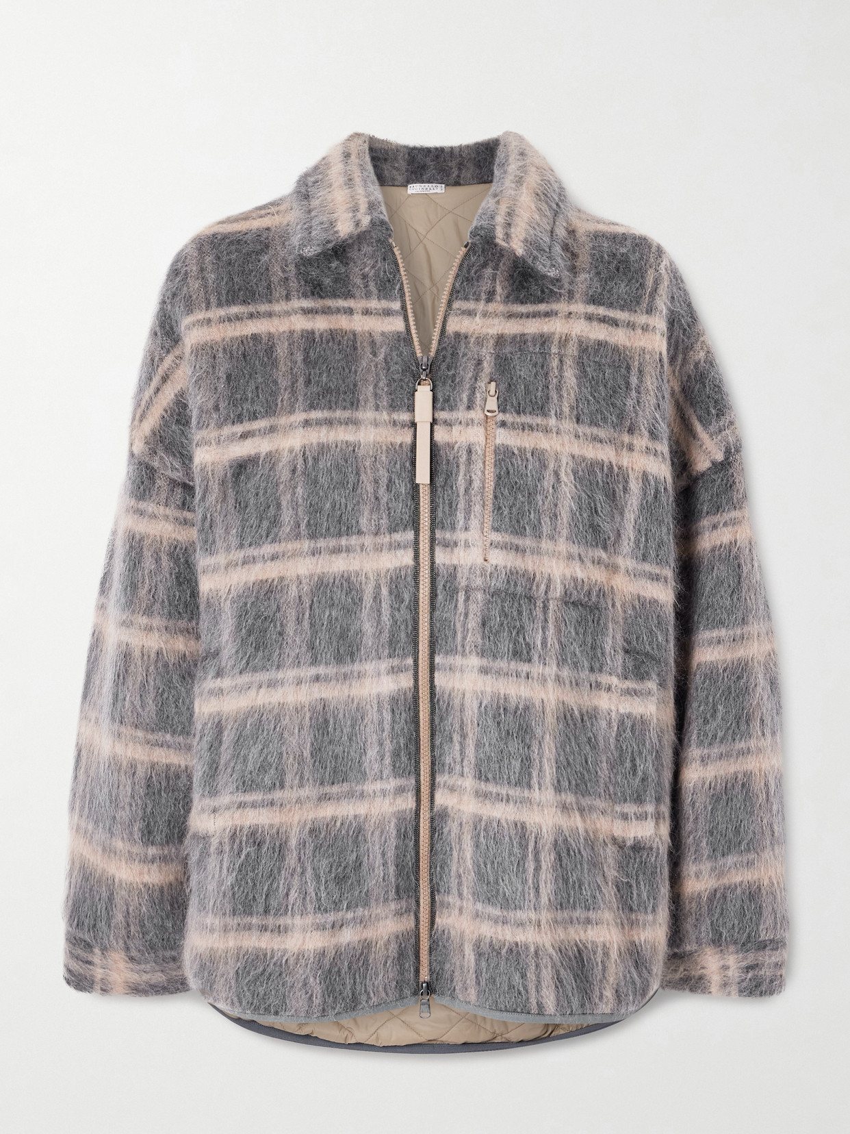Brunello Cucinelli Bead-embellished Padded Checked Brushed Jacquard Jacket In Multi